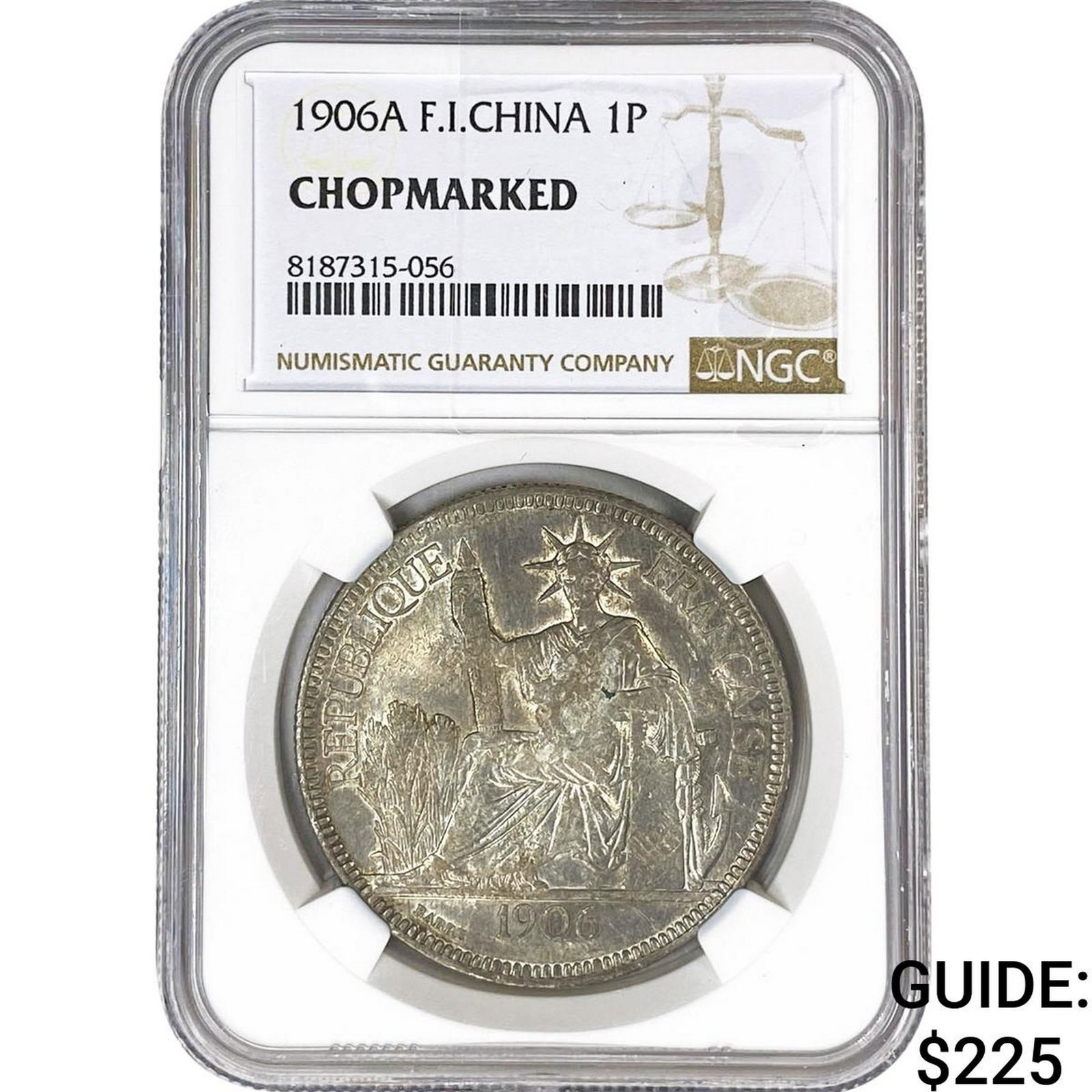 1906A France Indochina Silver 1 Piastre Chopmarked NGC: 1906A France Indochina Silver 1 Piastre Chopmarked NGC