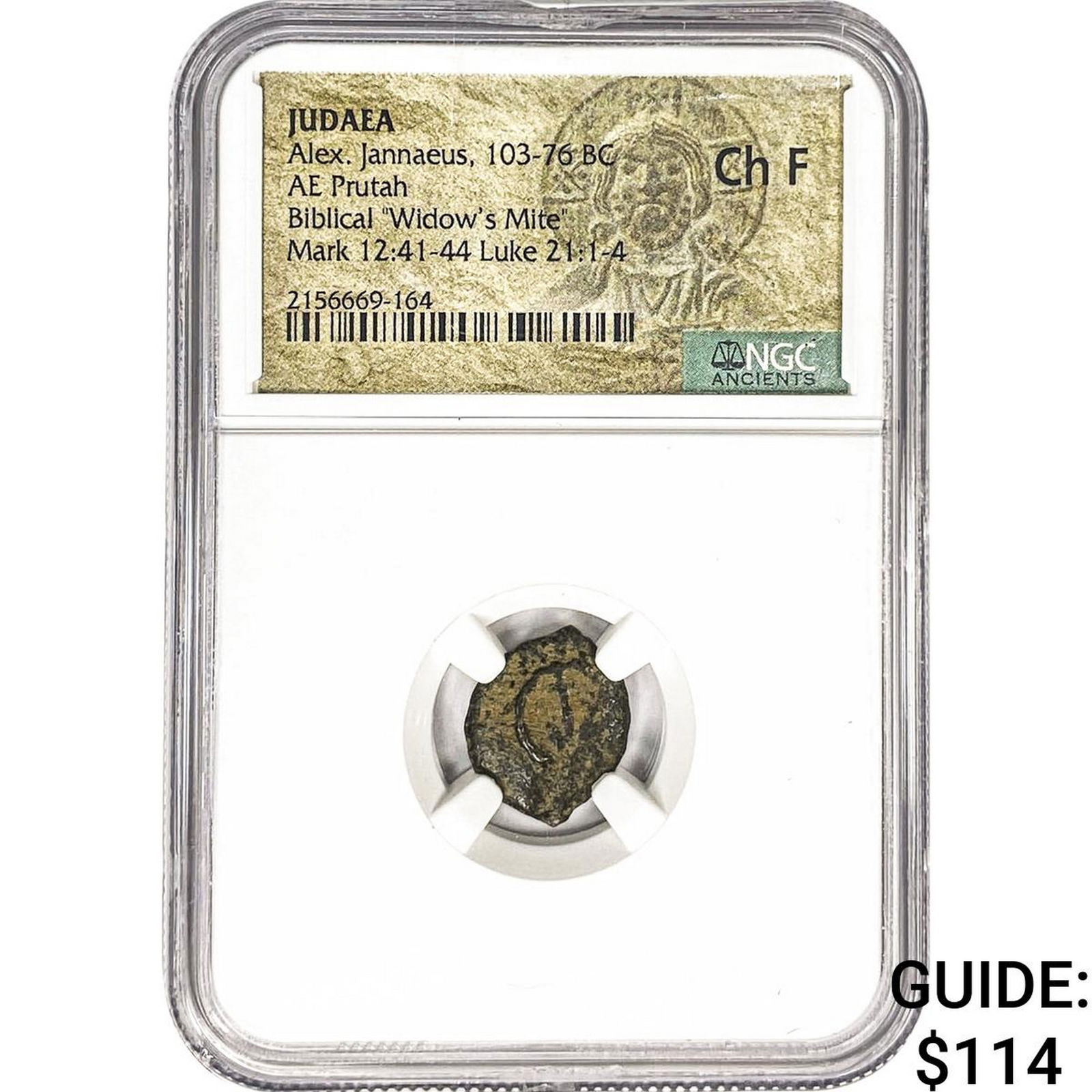 Judaea Alex Jannaeus 103-76 BC Bronze Prutah NGC CH F: Judaea Alex Jannaeus 103-76 BC Bronze Prutah NGC CH F