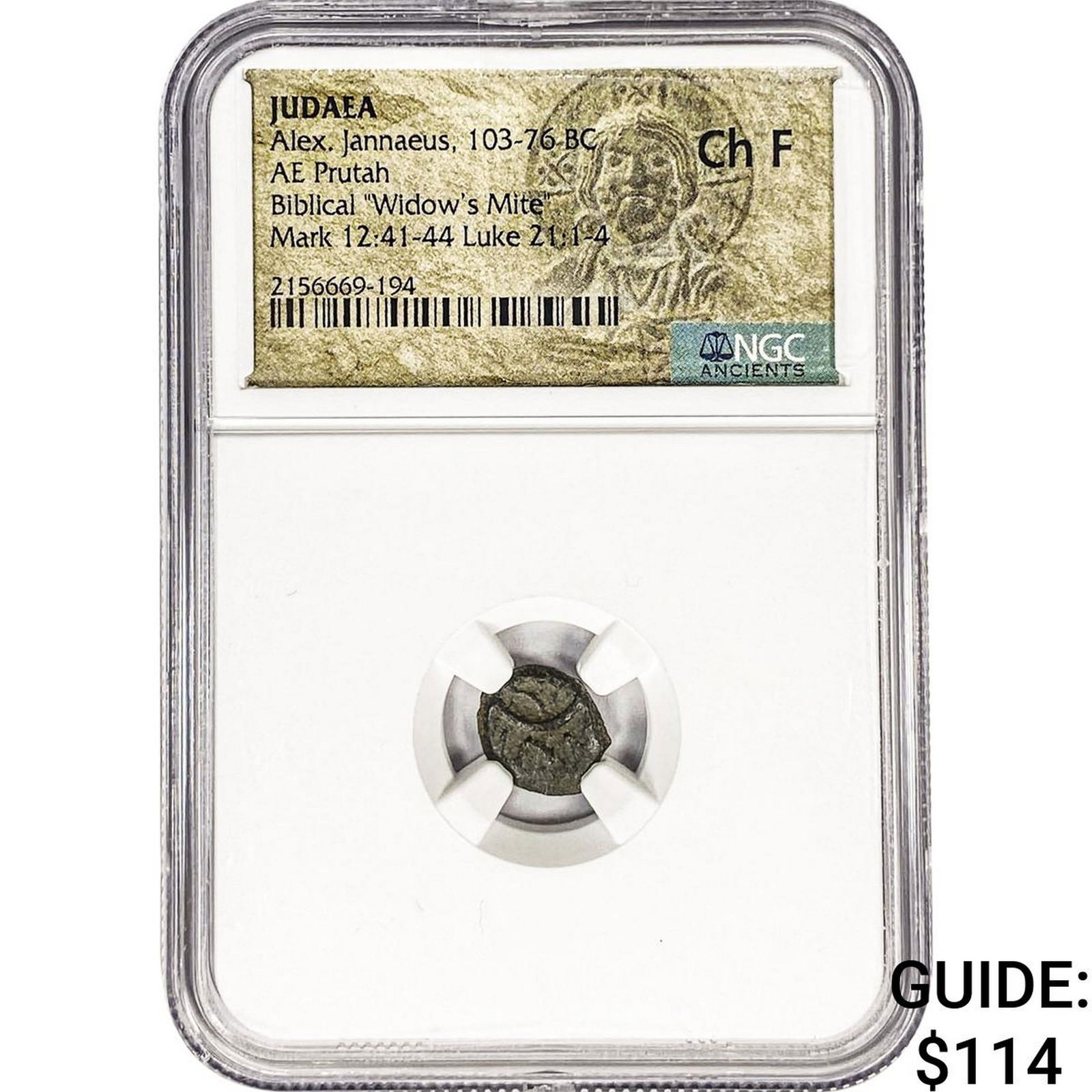 Judaea Alex Jannaeus 103-76 BC Bronze Prutah NGC CH F: Judaea Alex Jannaeus 103-76 BC Bronze Prutah NGC CH F