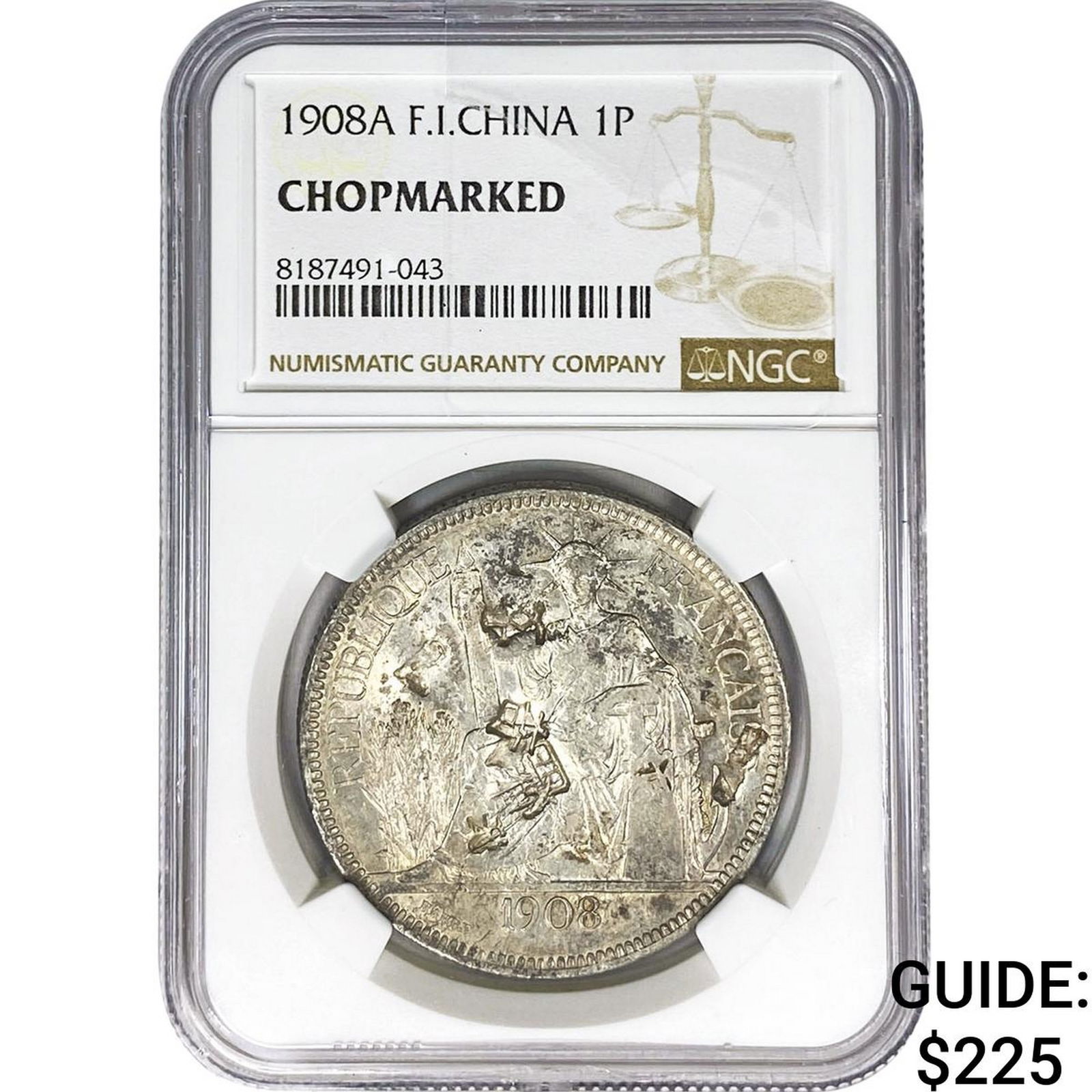 1908A France Indochina Silver 1 Piastre Chopmarked NGC: 1908A France Indochina Silver 1 Piastre Chopmarked NGC