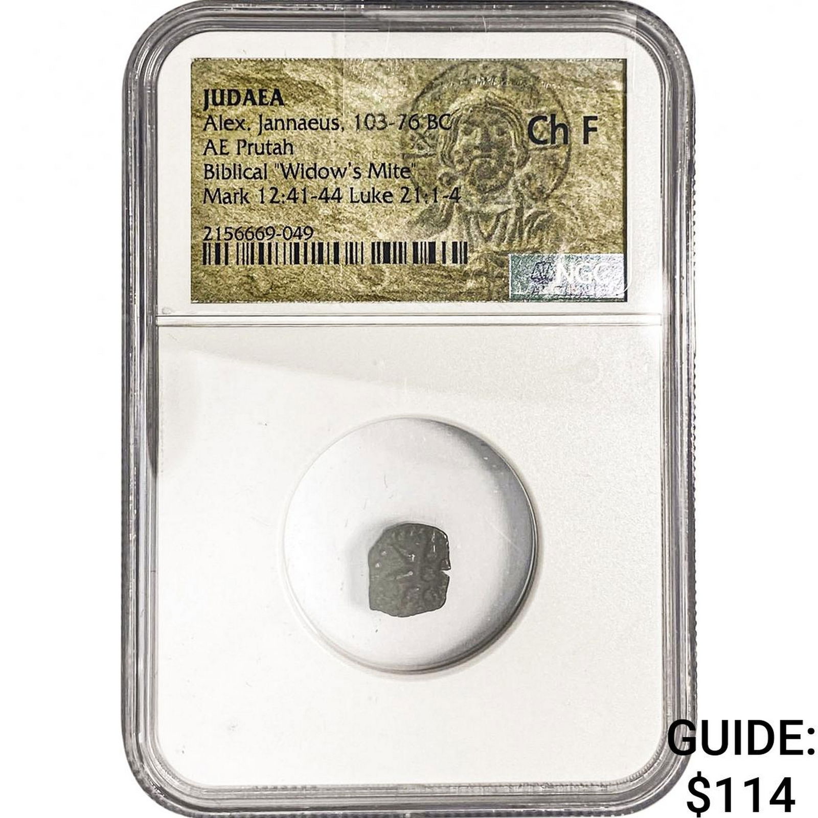 Judaea Alex Jannaeus 103-76 BC Bronze Prutah NGC CH F: Judaea Alex Jannaeus 103-76 BC Bronze Prutah NGC CH F