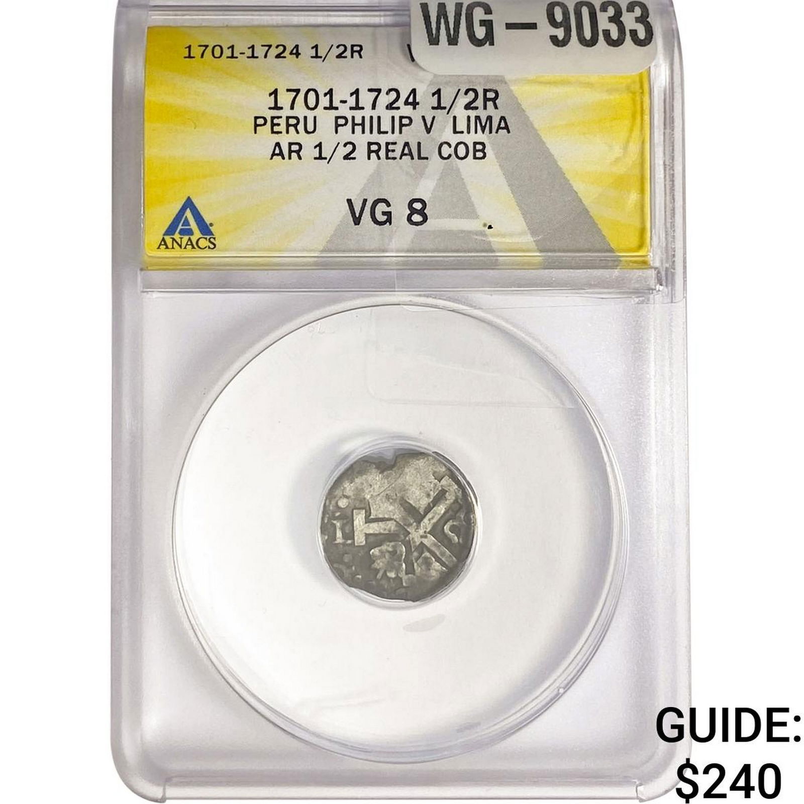 1701-1724 Peru Philip V Lima Silver 1/2 Real Cob VG8: 1701-1724 Peru Philip V Lima Silver 1/2 Real Cob VG8