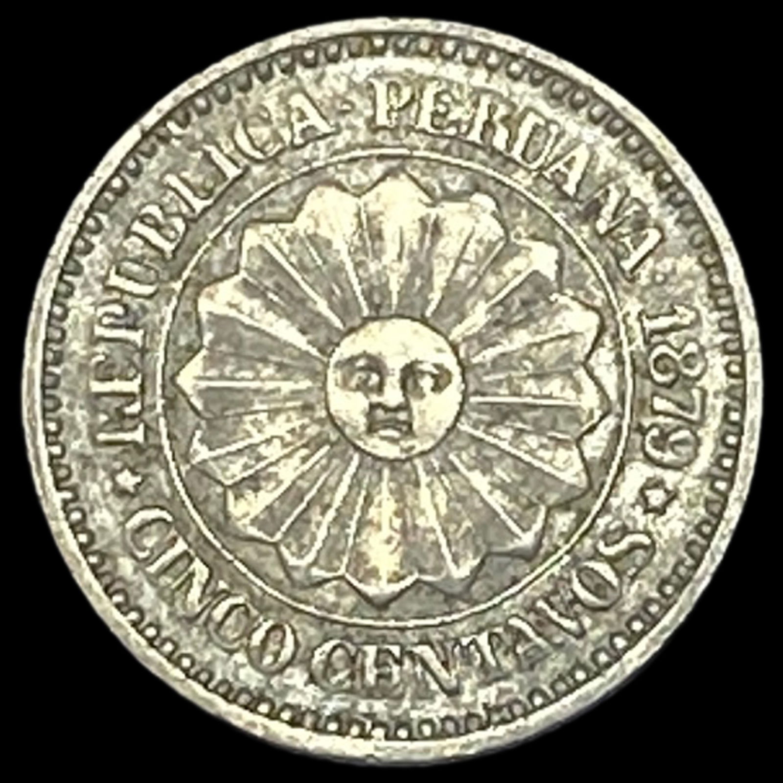 1879 Peru Provisional Cupro-Nickel 5 Cents CLOSELY UNCIRCULATED (1 of 2)