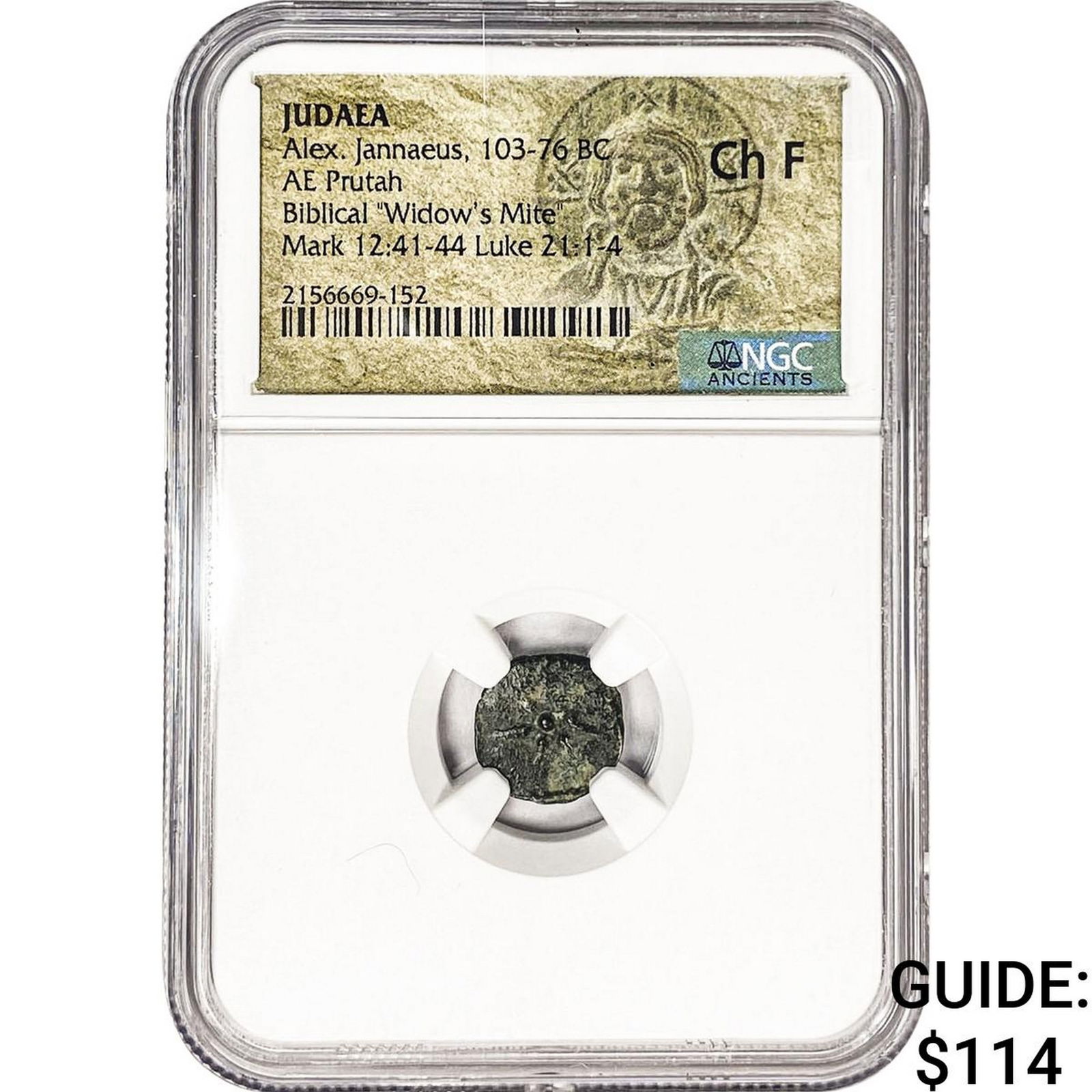 Judaea Alex Jannaeus 103-76 BC Bronze Prutah NGC CH F: Judaea Alex Jannaeus 103-76 BC Bronze Prutah NGC CH F
