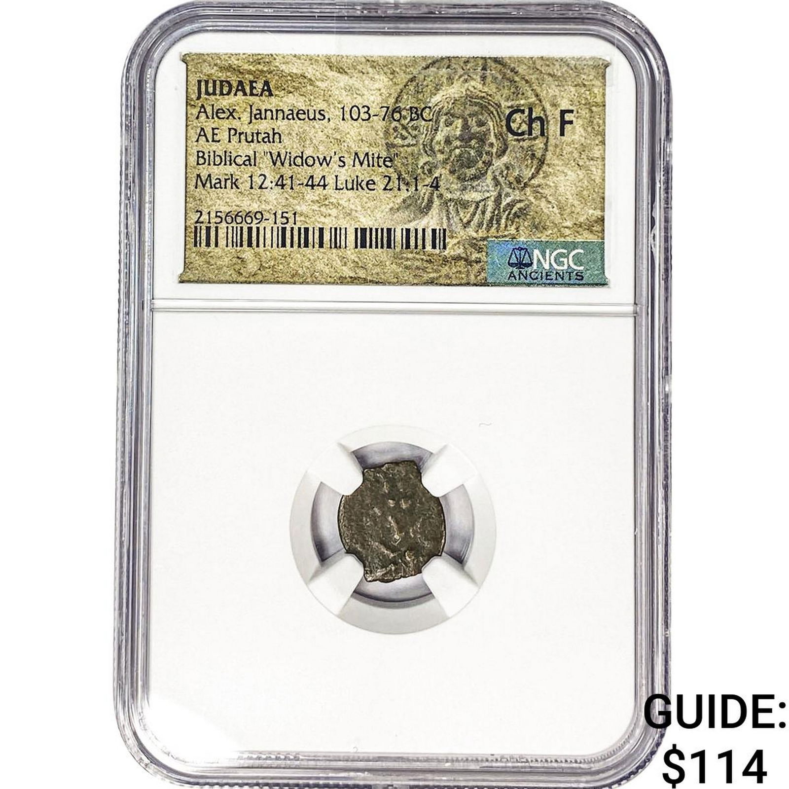 Judaea Alex Jannaeus 103-76 BC Bronze Prutah NGC CH F: Judaea Alex Jannaeus 103-76 BC Bronze Prutah NGC CH F