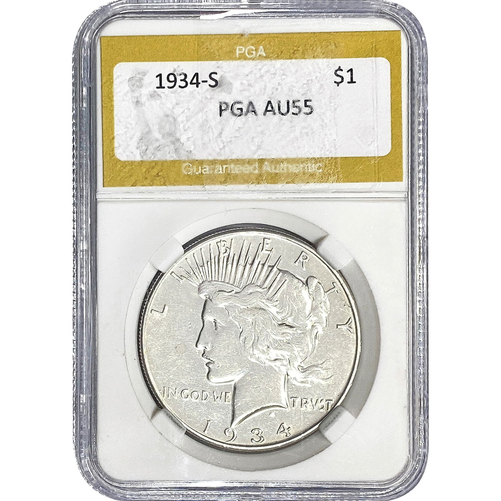 1934-S Silver Peace Dollar PGA AU55: 1934-S Silver Peace Dollar PGA AU55
