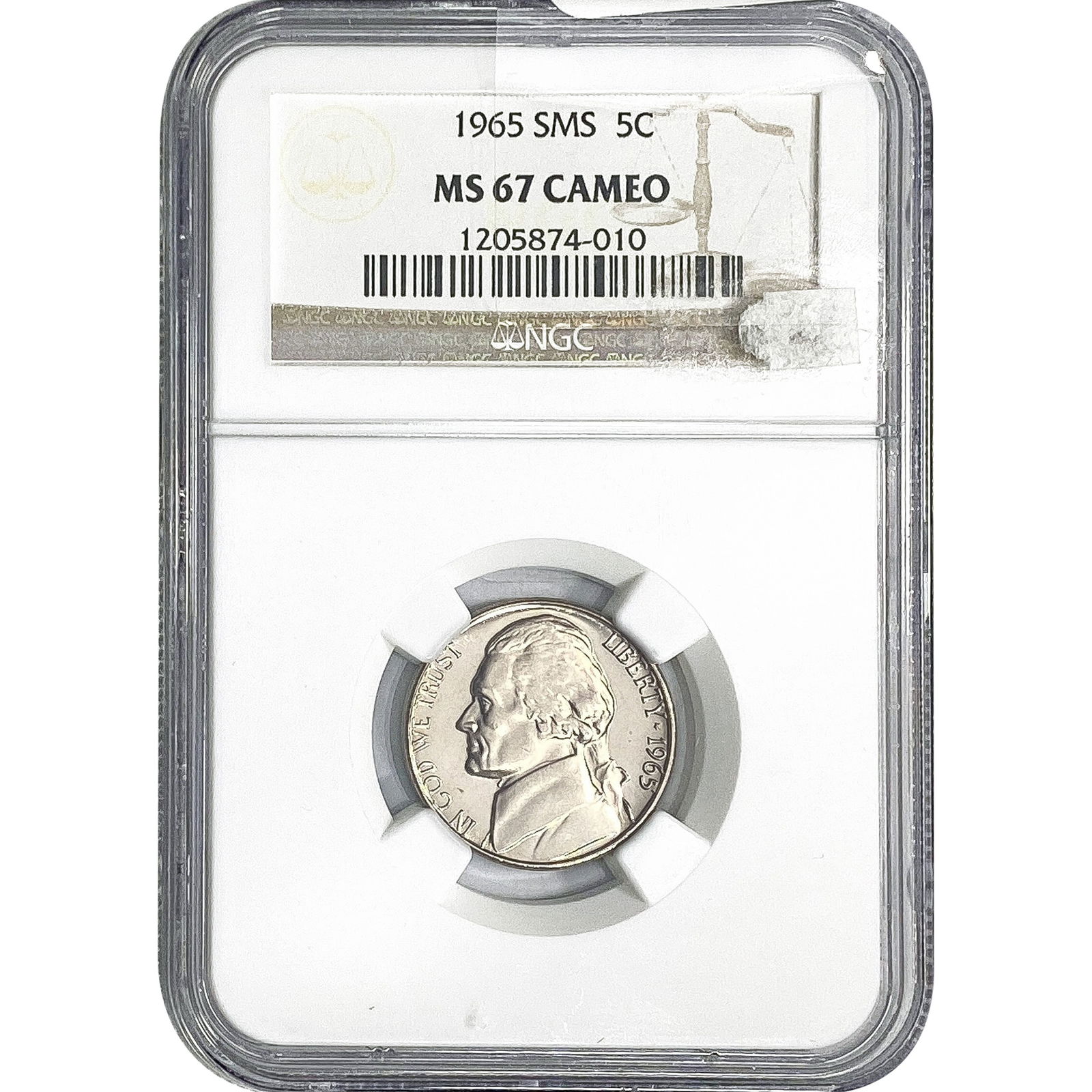 1965 SMS Jefferson Nickel NGC MS67 Cameo (1 of 2)