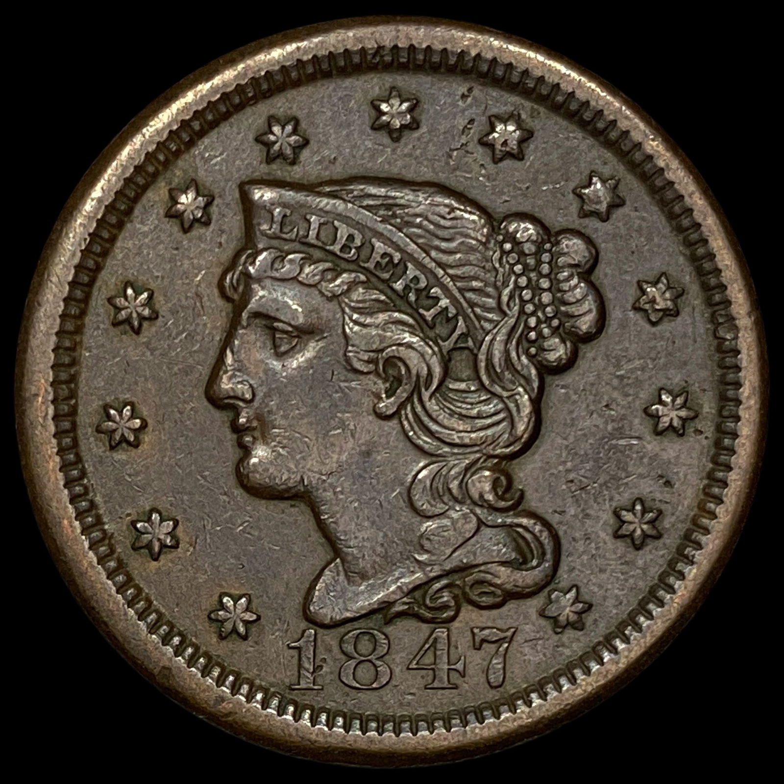 1847 Braided Hair Large Cent CLOSELY UNCIRCULATED: 1847 Braided Hair Large Cent CLOSELY UNCIRCULATED
