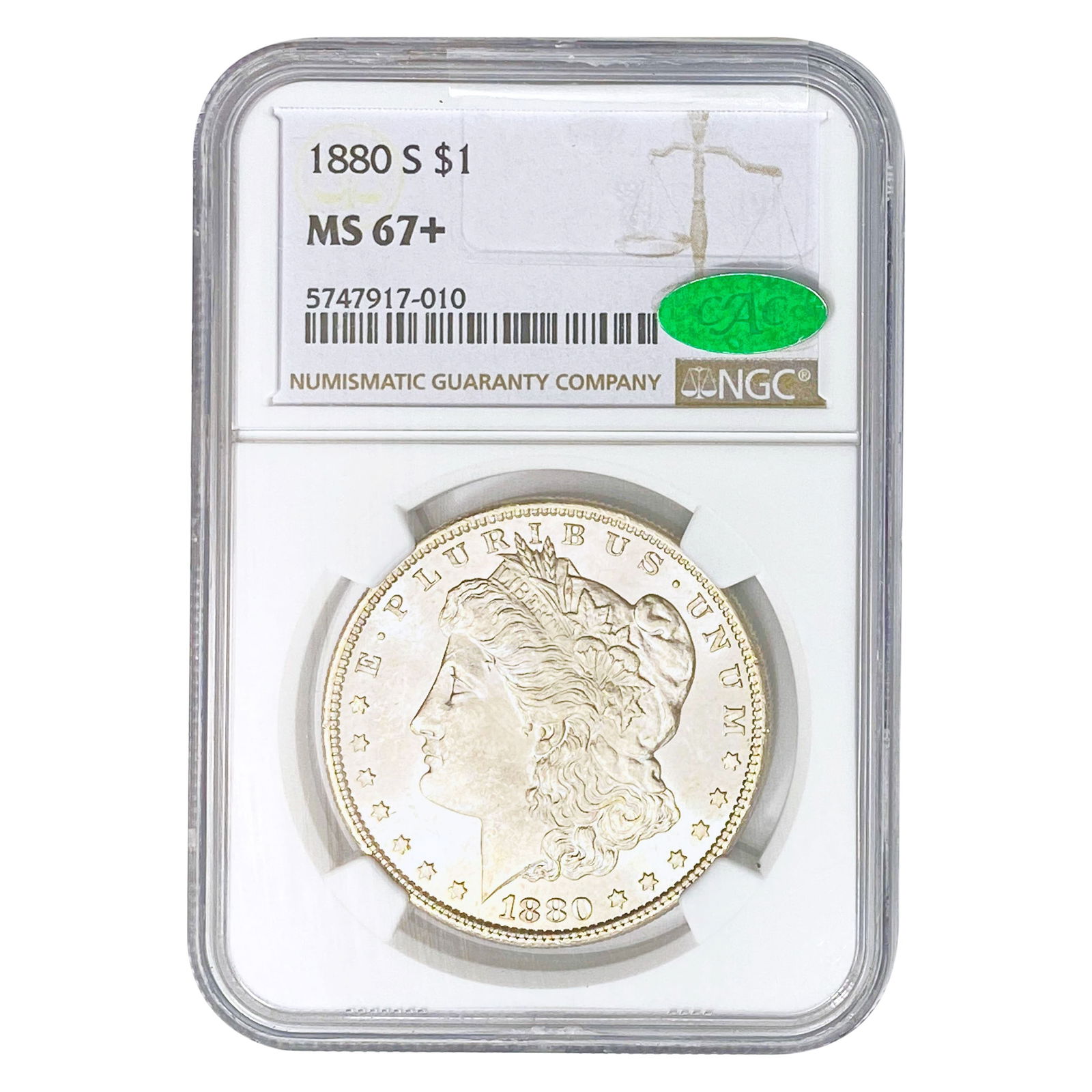 1880-S CAC Morgan Silver Dollar NGC MS67+: 1880-S CAC Morgan Silver Dollar NGC MS67+