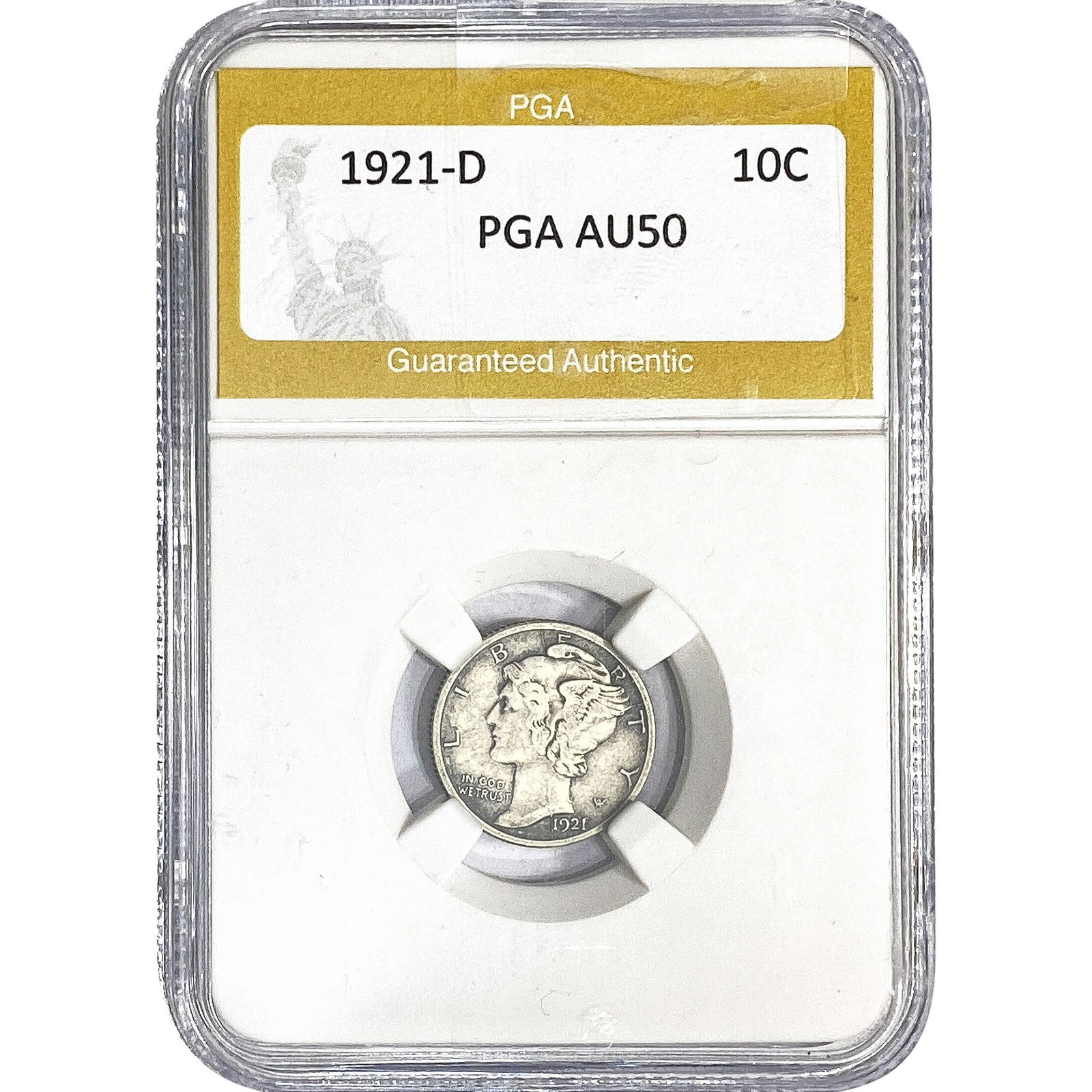 1921-D Mercury Silver Dime PGA AU50: 1921-D Mercury Silver Dime PGA AU50