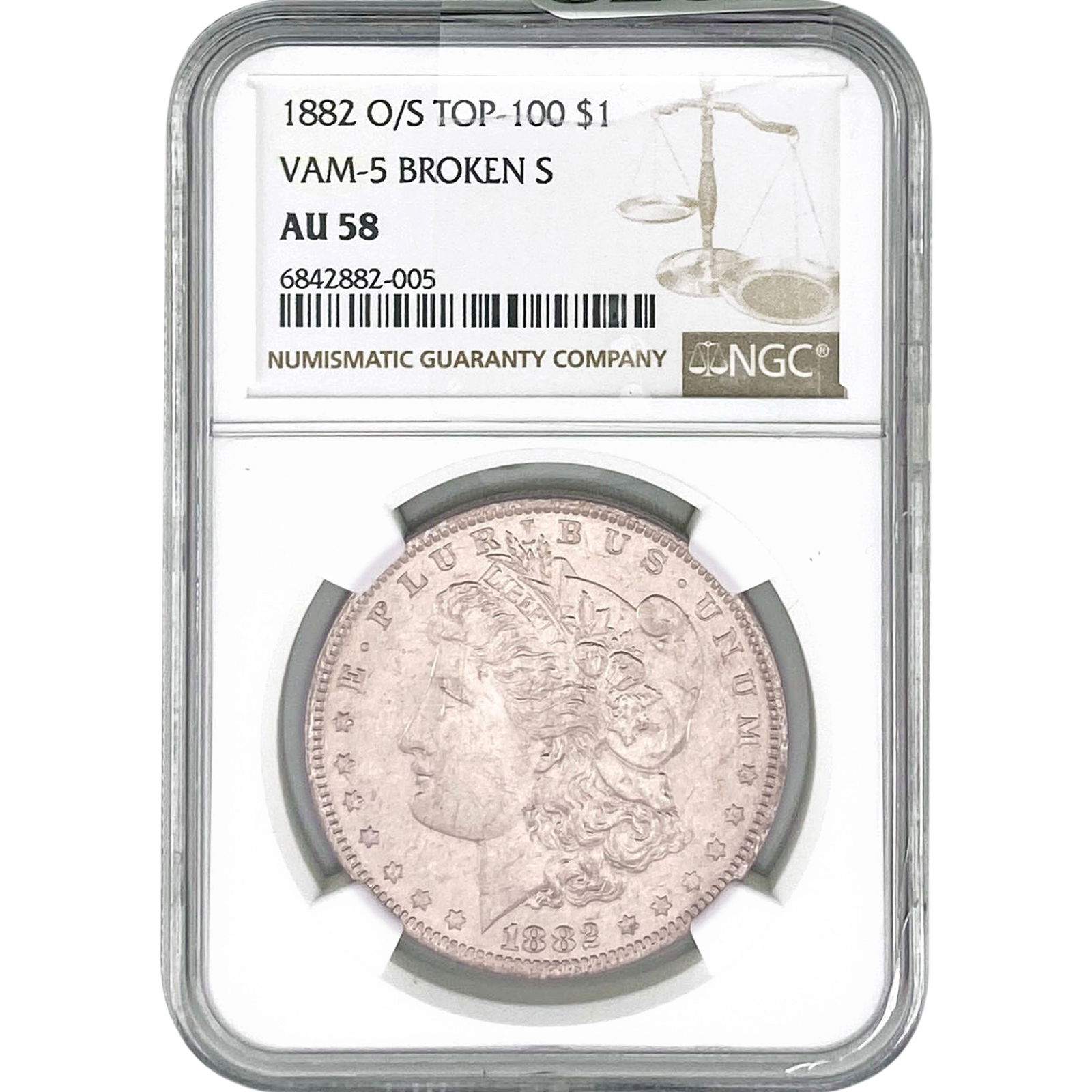 1882-O/S Morgan Silver Dollar NGC AU58: 1882-O/S Morgan Silver Dollar NGC AU58