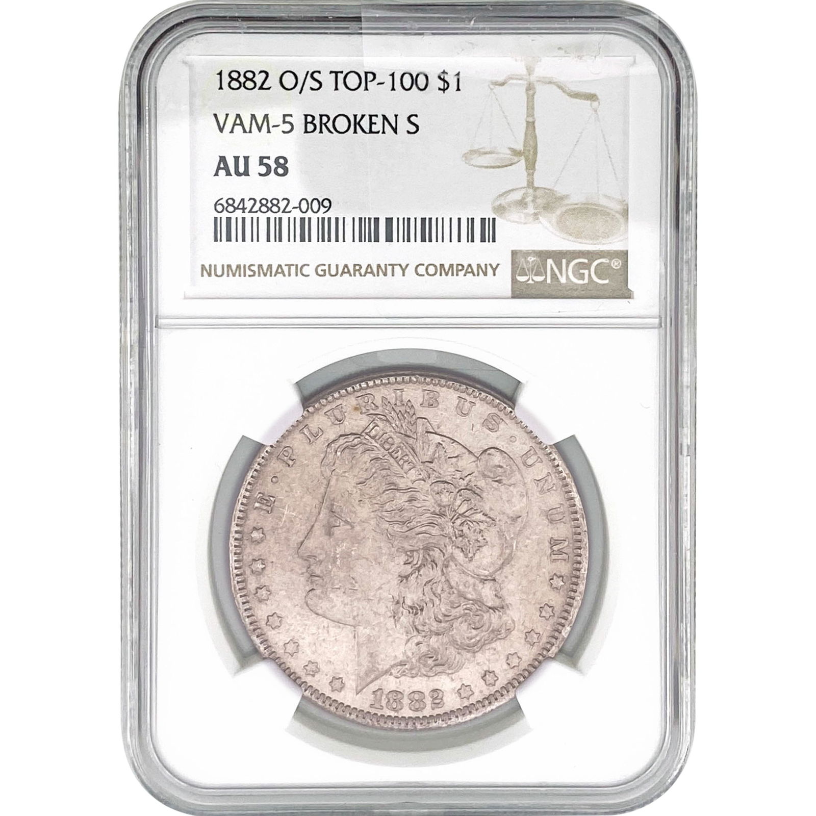 1882-O/S Morgan Silver Dollar NGC AU58 VAM-5: 1882-O/S Morgan Silver Dollar NGC AU58 VAM-5