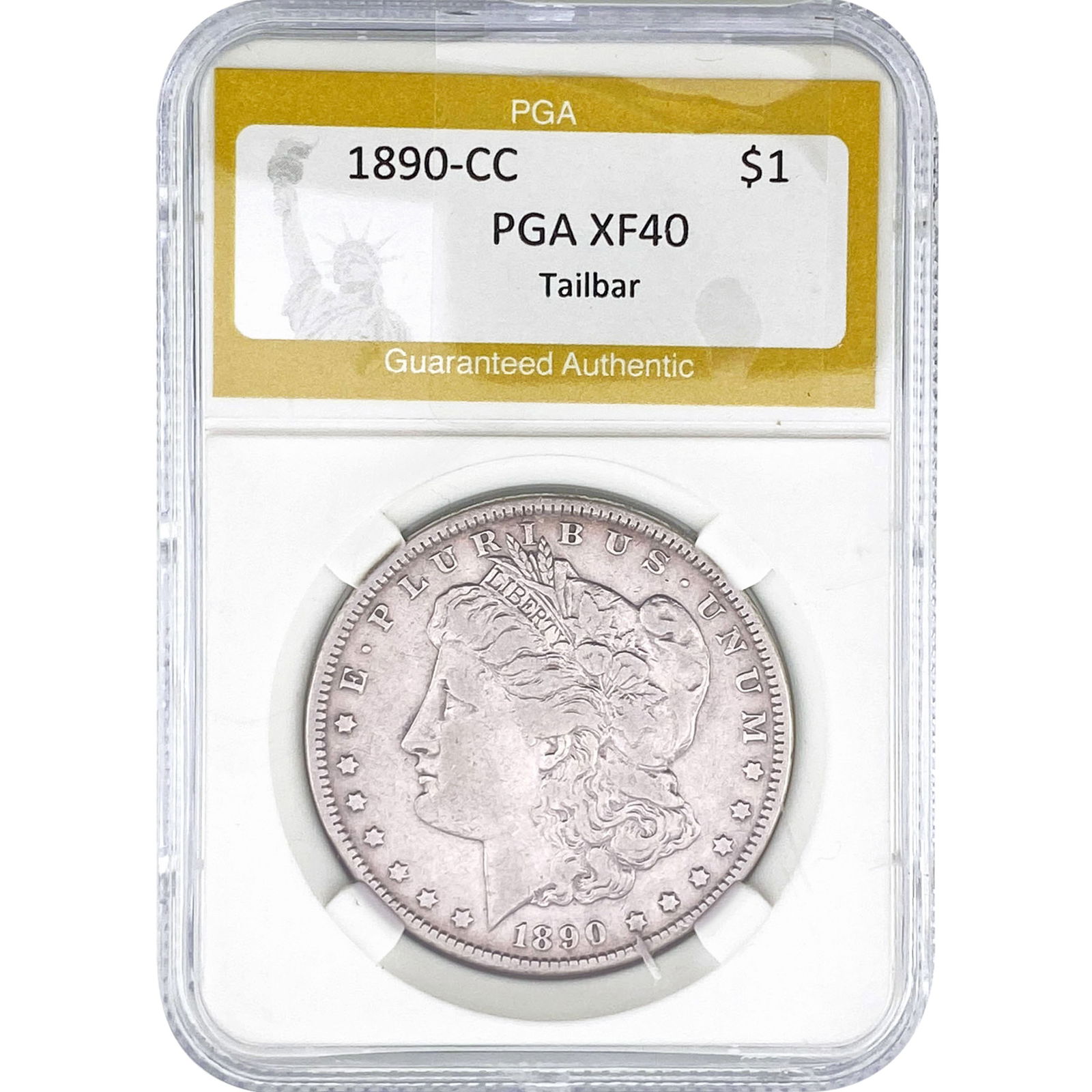 1890-CC Morgan Silver Dollar PGA XF40 Tailbar: 1890-CC Morgan Silver Dollar PGA XF40 Tailbar