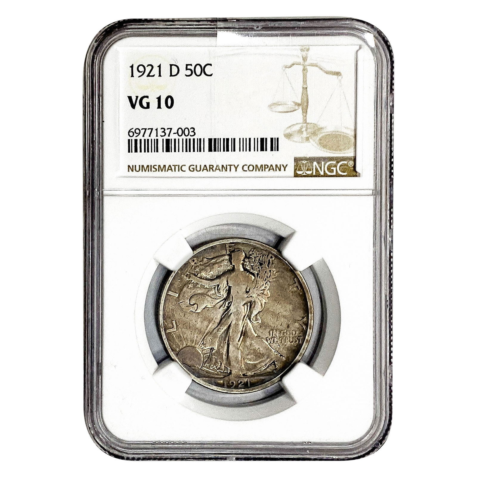 1921-D Walking Liberty Half Dollar NGC VG10: 1921-D Walking Liberty Half Dollar NGC VG10