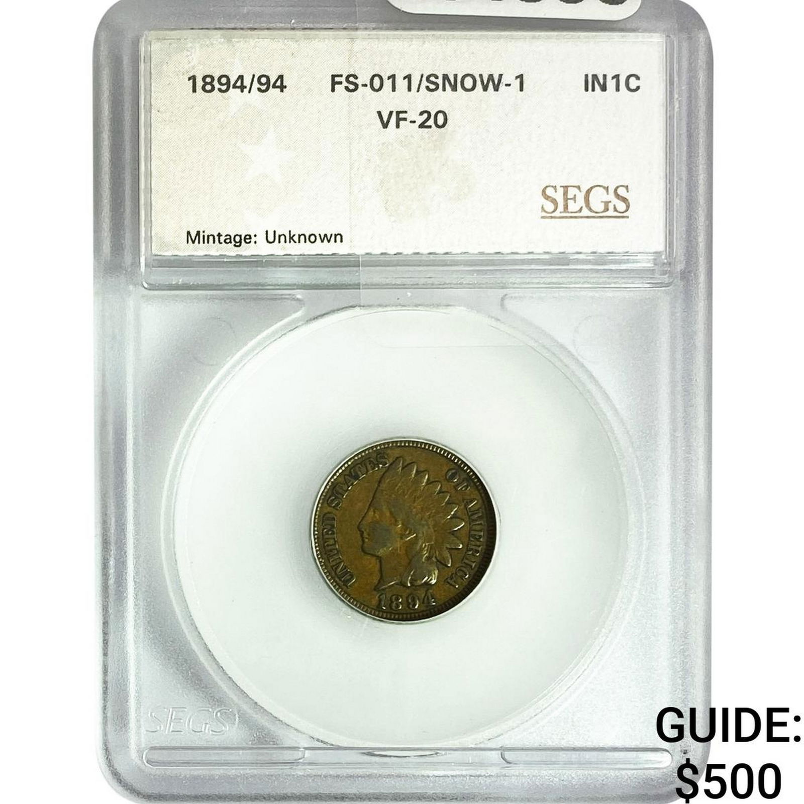 1894/94 Indian Head Cent SEGS VF20 FS-011/Snow-1 (1 of 2)