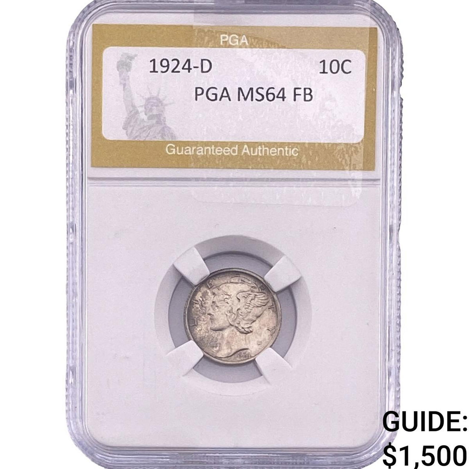 1924-D Mercury Silver Dime PGA MS64 FB: 1924-D Mercury Silver Dime PGA MS64 FB