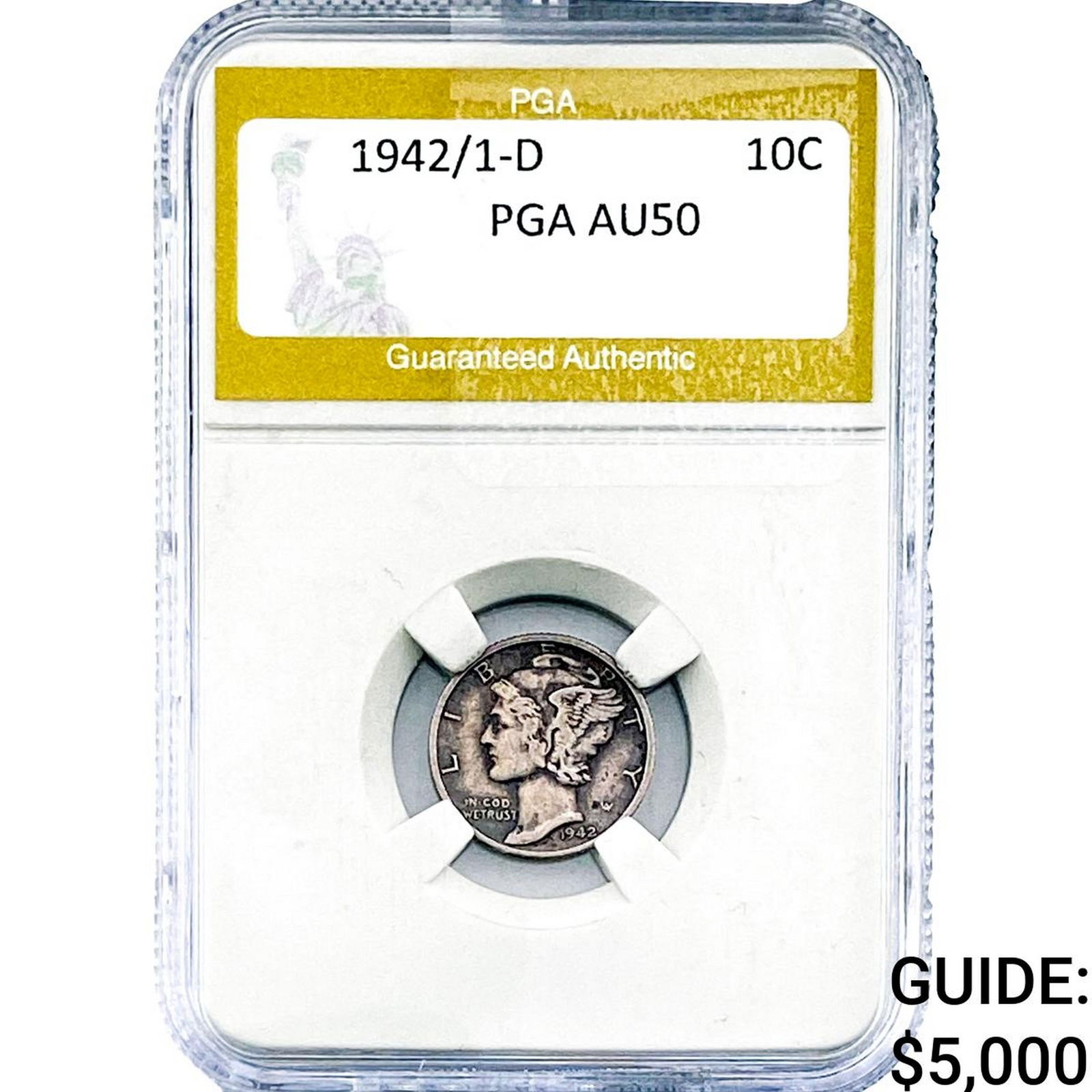 1942/1-D Mercury Silver Dime PGA AU50: 1942/1-D Mercury Silver Dime PGA AU50