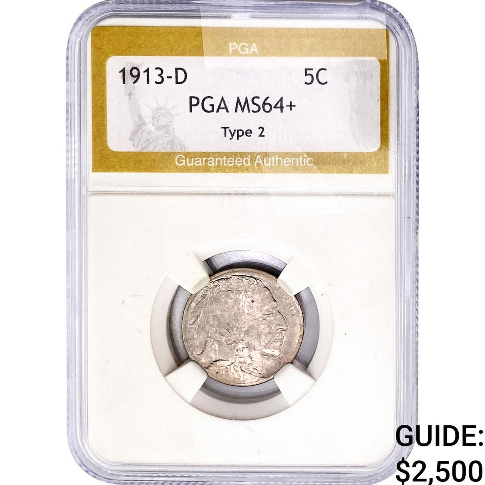 1913-D Buffalo Nickel PGA MS64+ Type 2: 1913-D Buffalo Nickel PGA MS64+ Type 2