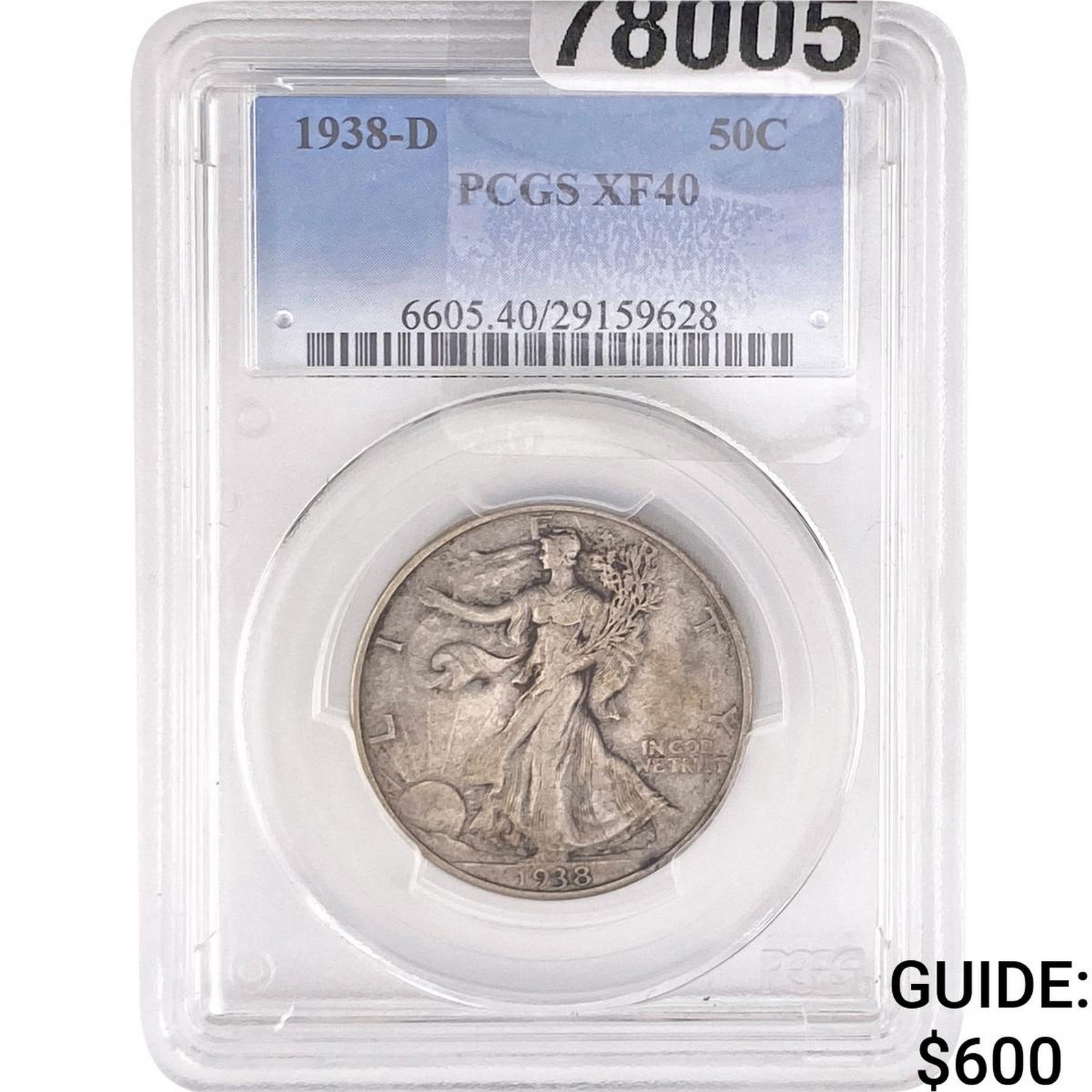 1938-D Walking Liberty Half Dollar PCGS XF40: 1938-D Walking Liberty Half Dollar PCGS XF40