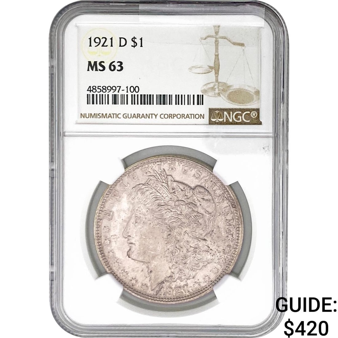 1921-D Morgan Silver Dollar NGC MS63: 1921-D Morgan Silver Dollar NGC MS63