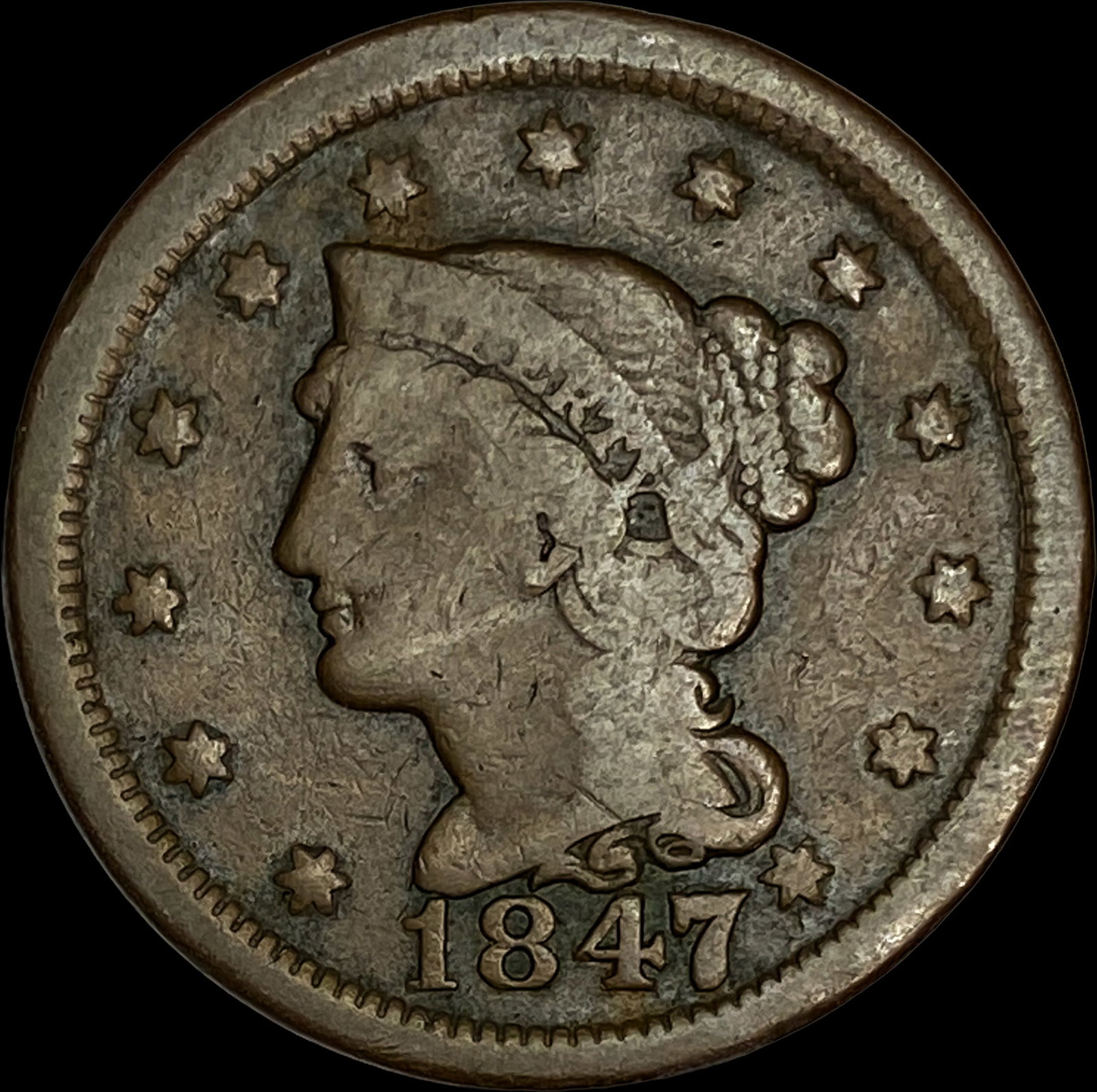 1847 Braided Hair Large Cent NICELY CIRCULATED (1 of 2)