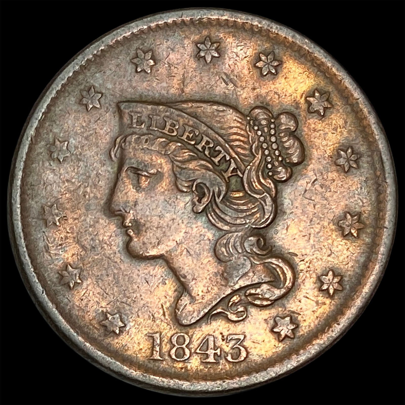 1843 Braided Hair Large Cent CLOSELY UNCIRCULATED: 1843 Braided Hair Large Cent CLOSELY UNCIRCULATED