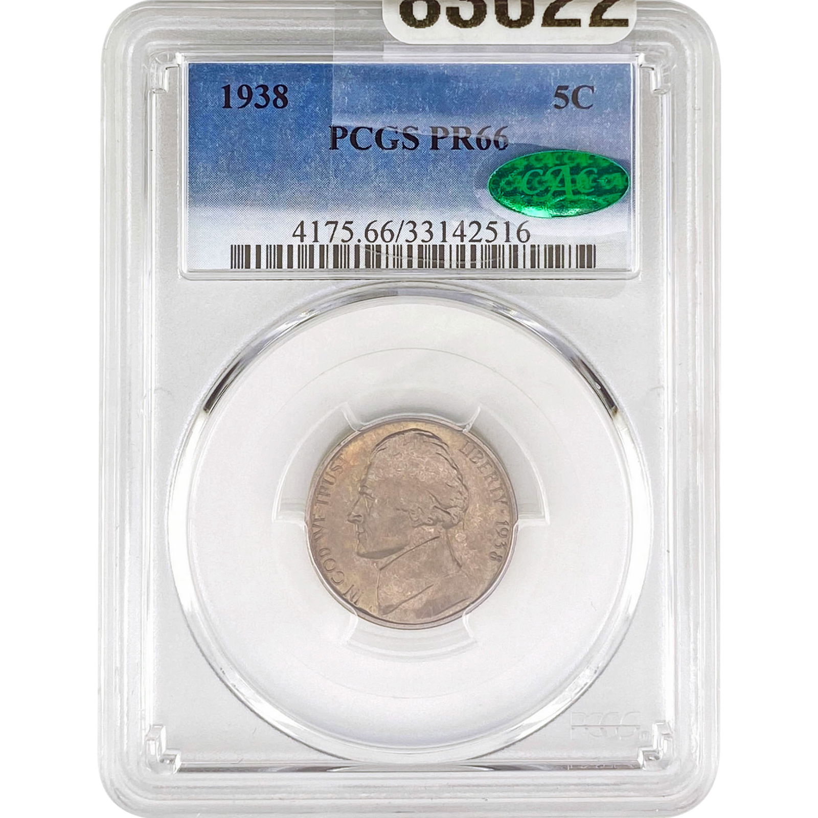 1938 CAC Jefferson Nickel PCGS PR66: 1938 CAC Jefferson Nickel PCGS PR66