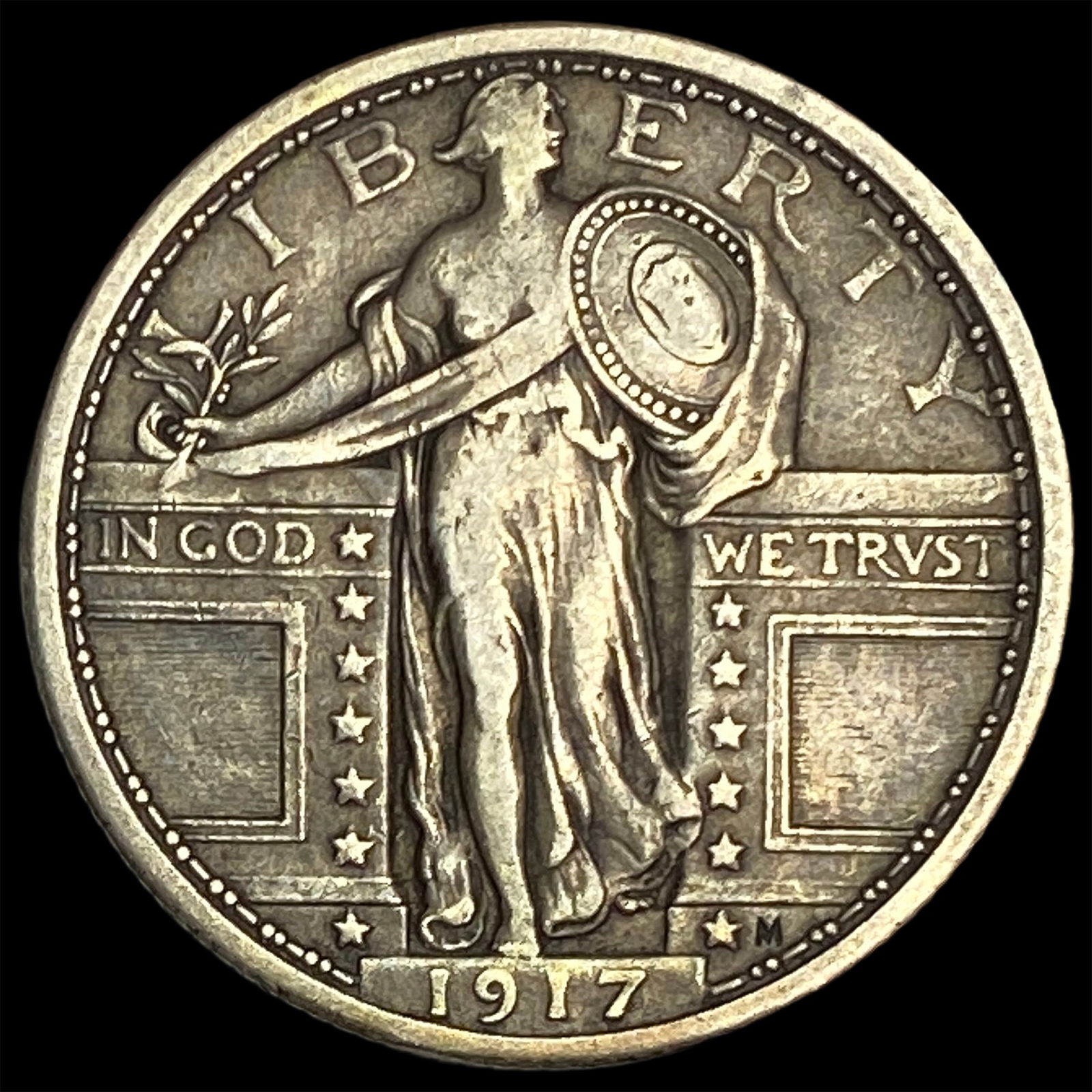 1917-M Type 1 Silver Standing Liberty Quarter ABOUT UNCIRCULATED: 1917-M Type 1 Silver Standing Liberty Quarter ABOUT UNCIRCULATED
