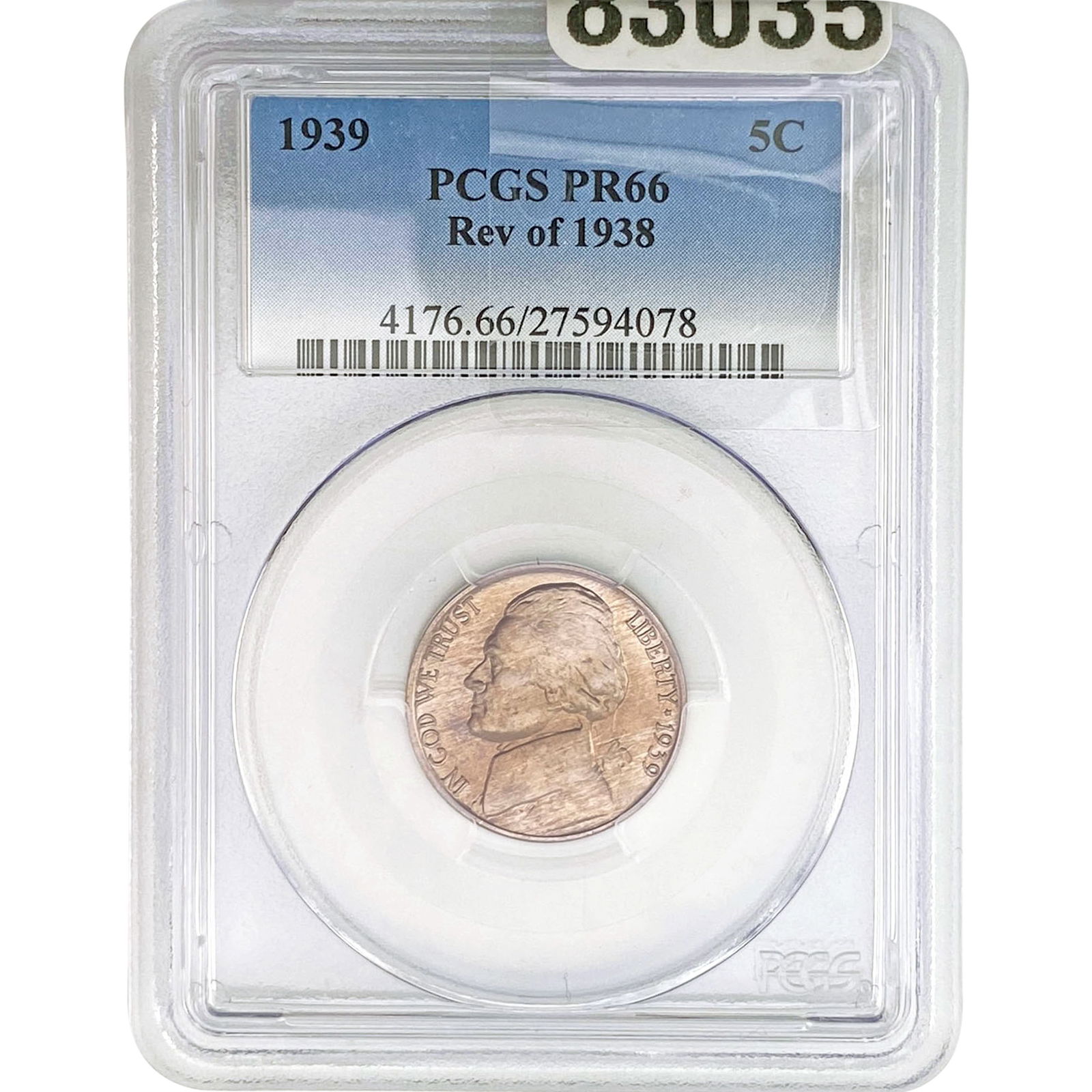 1939 Rev. 1938 Jefferson Nickel PCGS PR66: 1939 Rev. 1938 Jefferson Nickel PCGS PR66