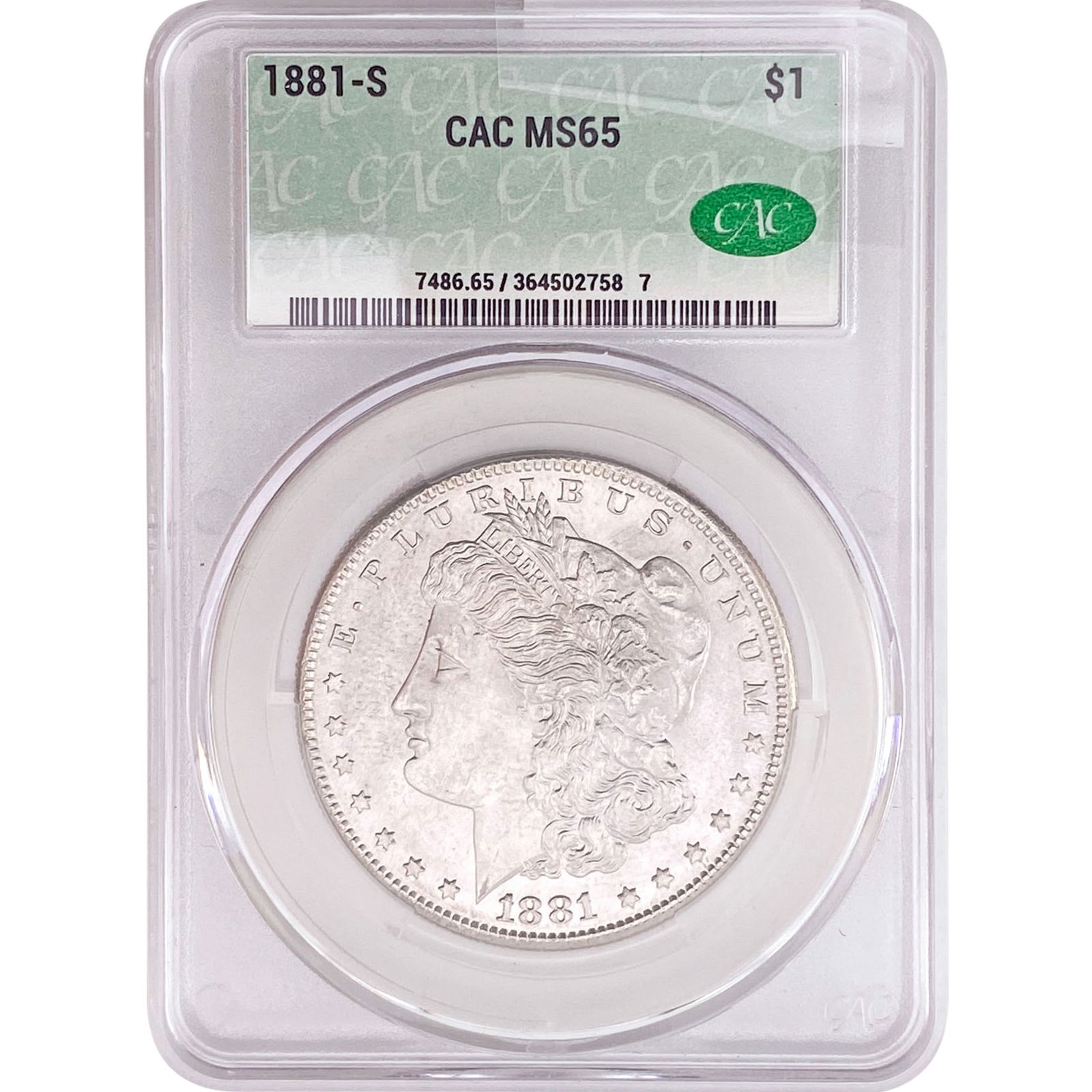 1881-S Morgan Silver Dollar CAC MS65: 1881-S Morgan Silver Dollar CAC MS65