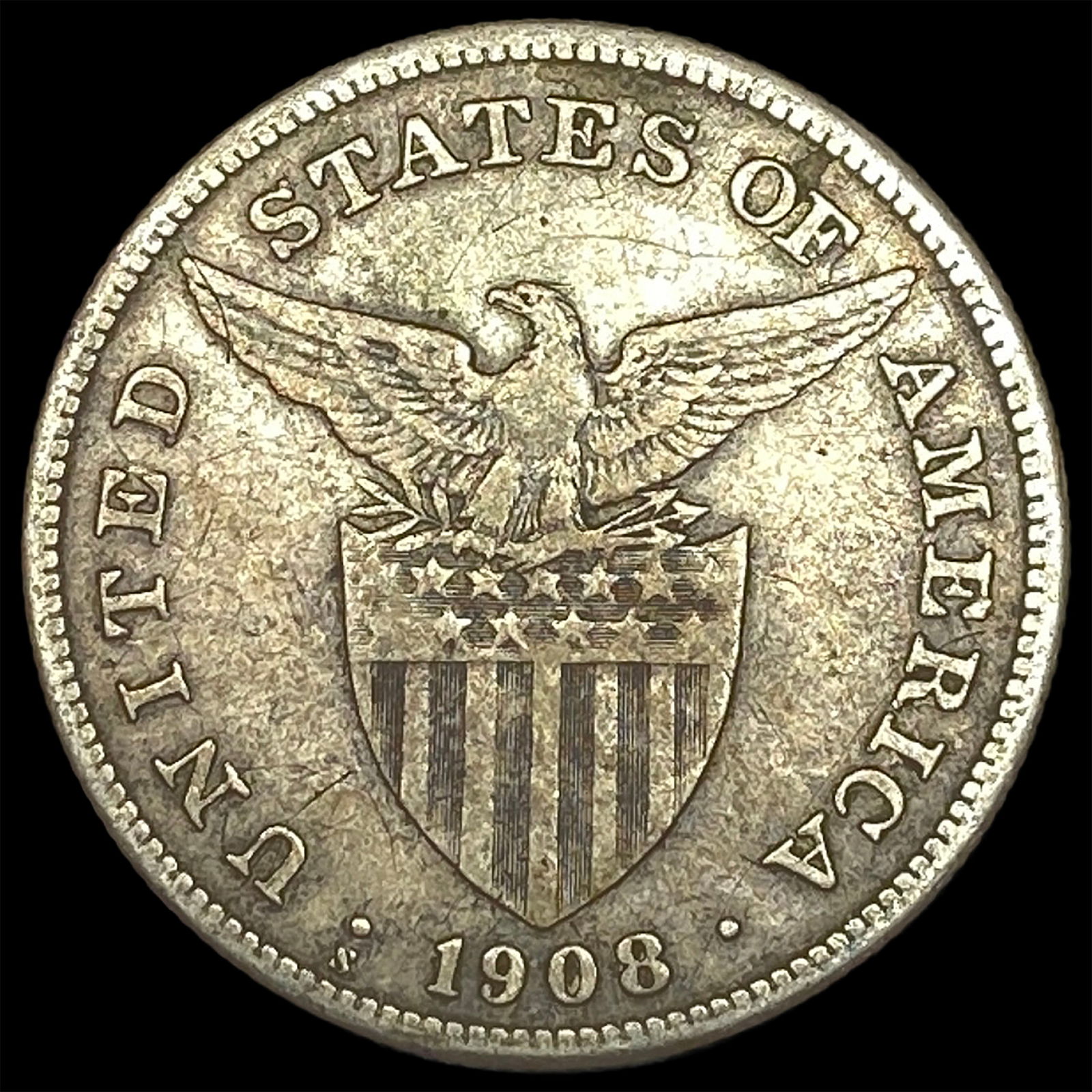 1908-S Silver One Peso Philippines NEARLY UNCIRCULATED - 2