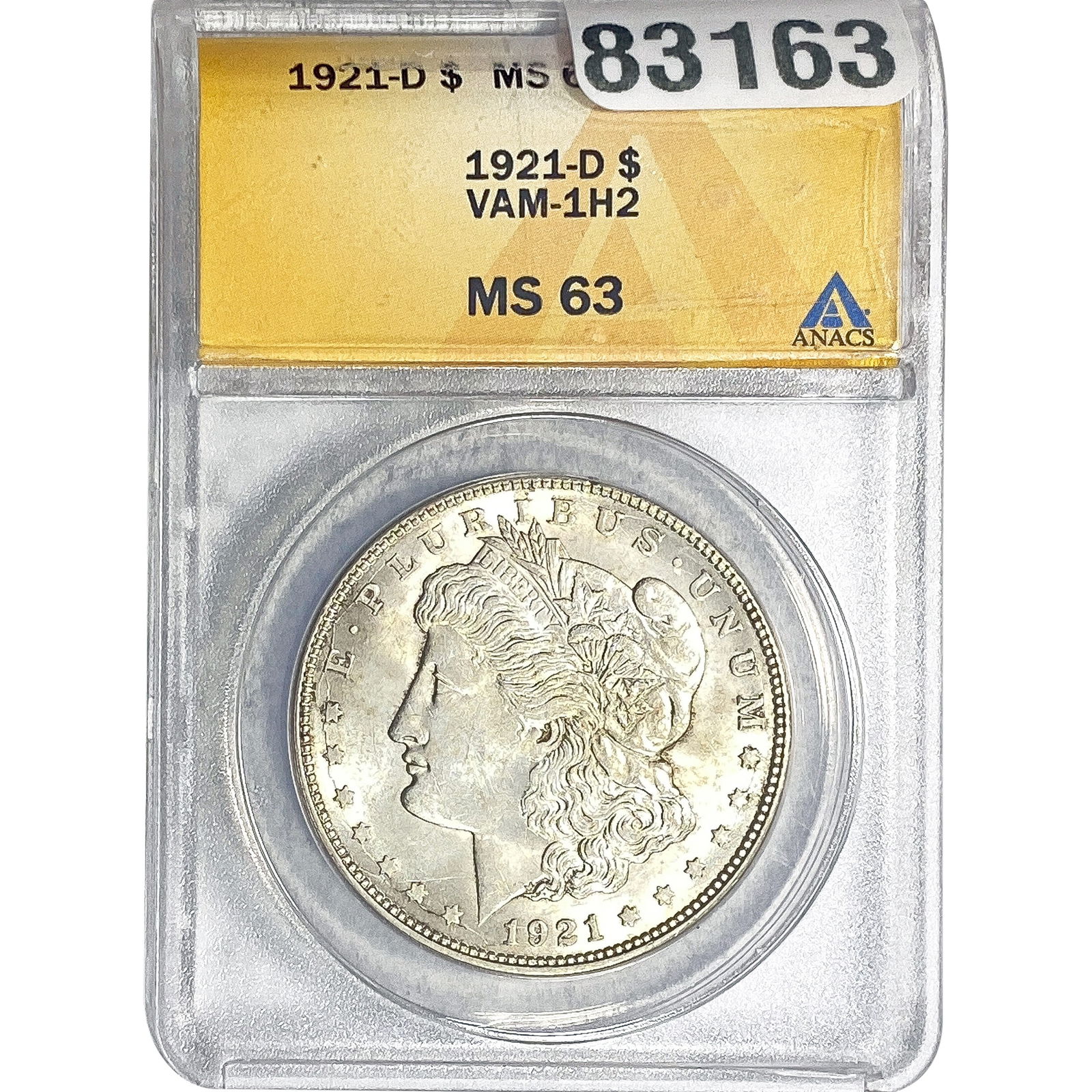 1921-D Morgan Silver Dollar ANACS MS63 VAM-1H2: 1921-D Morgan Silver Dollar ANACS MS63 VAM-1H2