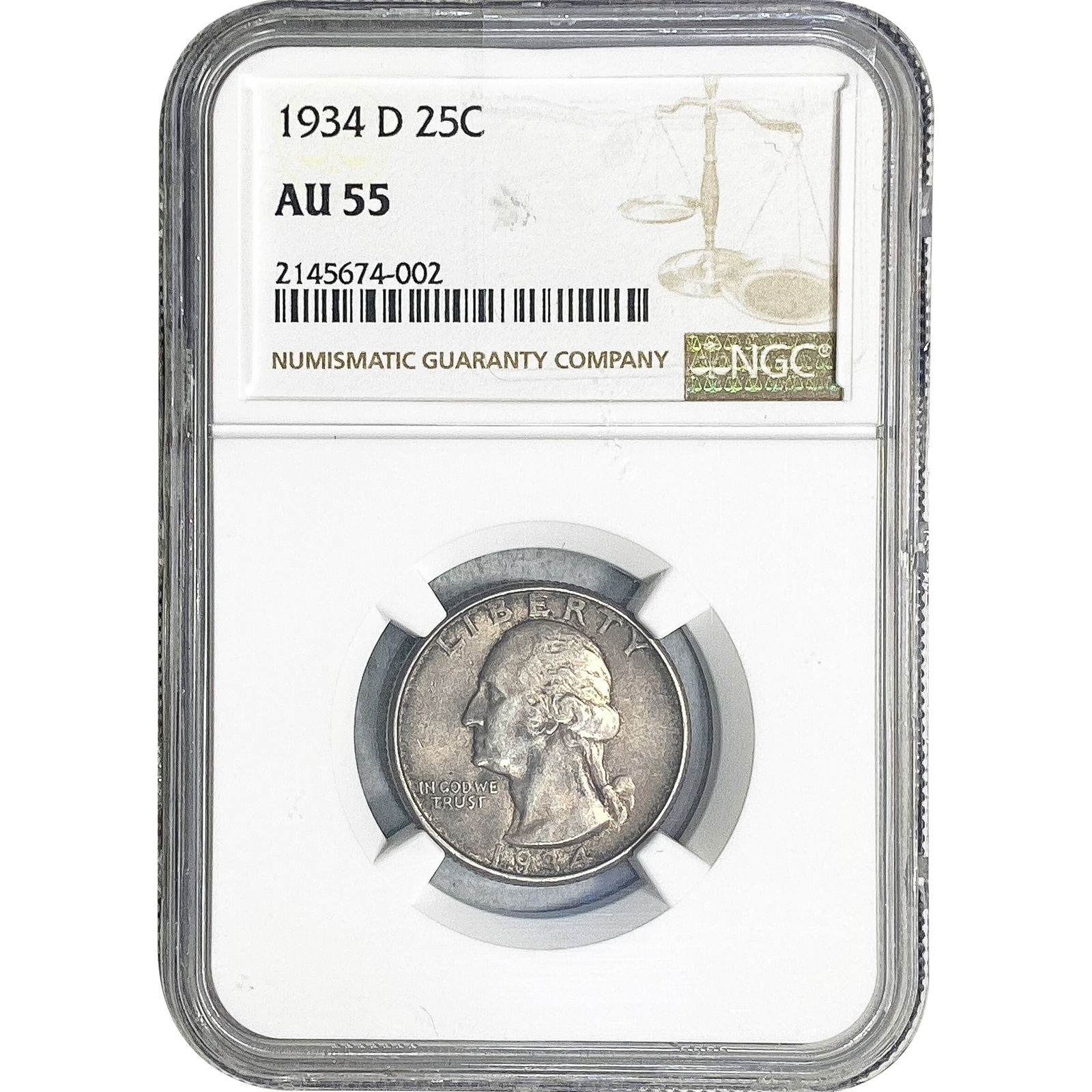 1934-D Washington Silver Quarter NGC AU55: 1934-D Washington Silver Quarter NGC AU55