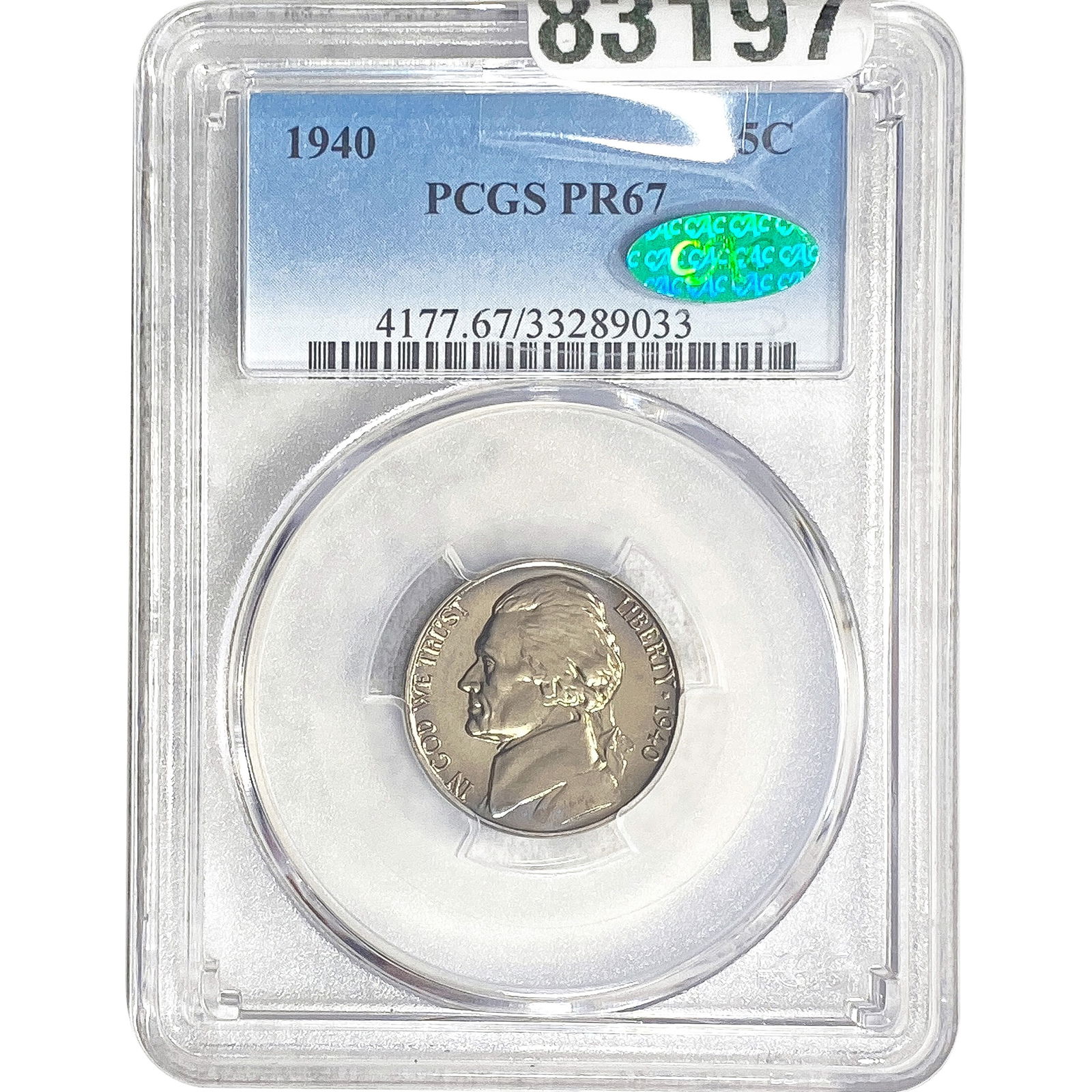 1940 CAC Jefferson Nickel PCGS PR67: 1940 CAC Jefferson Nickel PCGS PR67