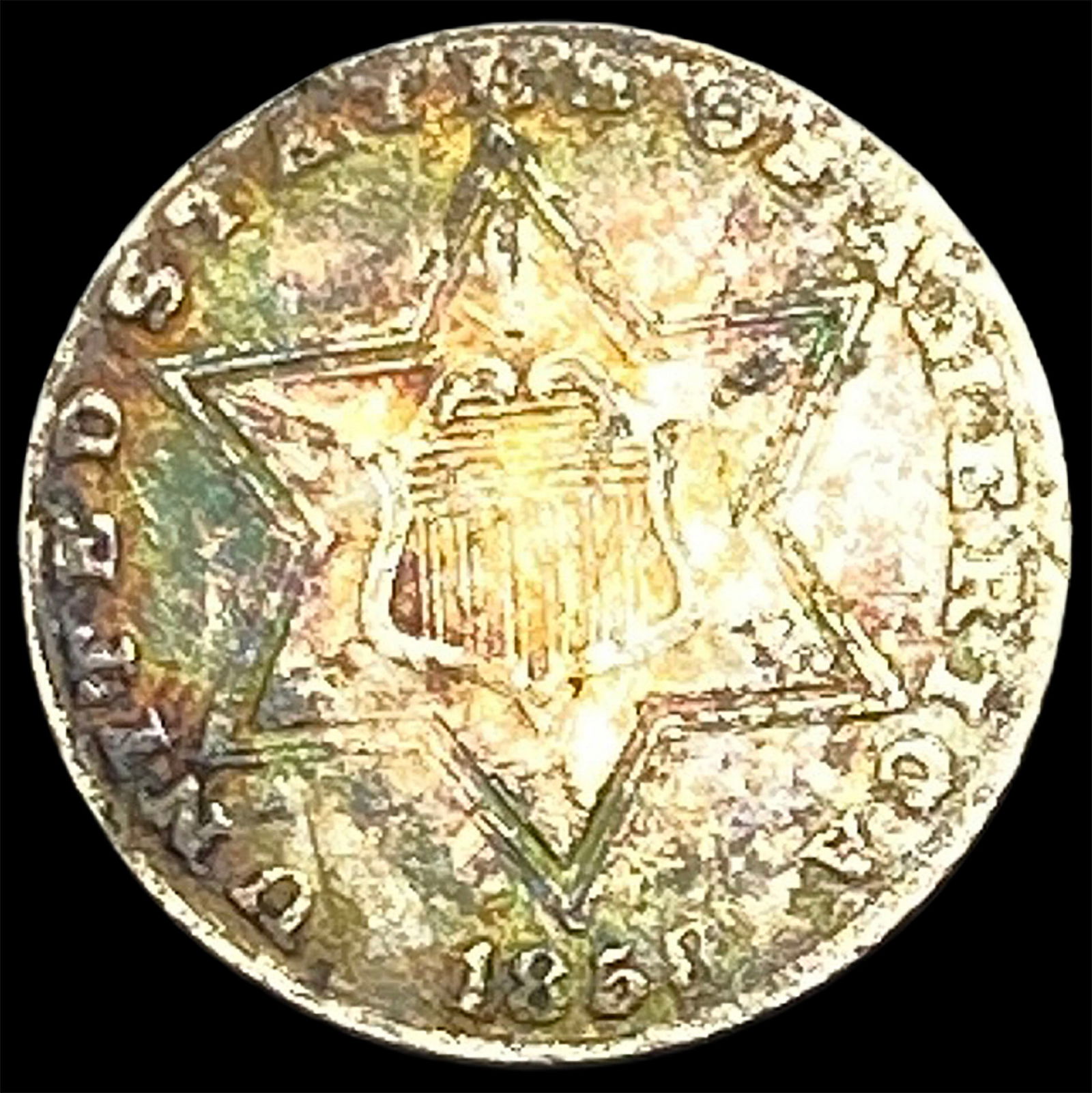 1851 TONED Silver Three-Cent Piece CLOSELY UNCIRCULATED (1 of 2)