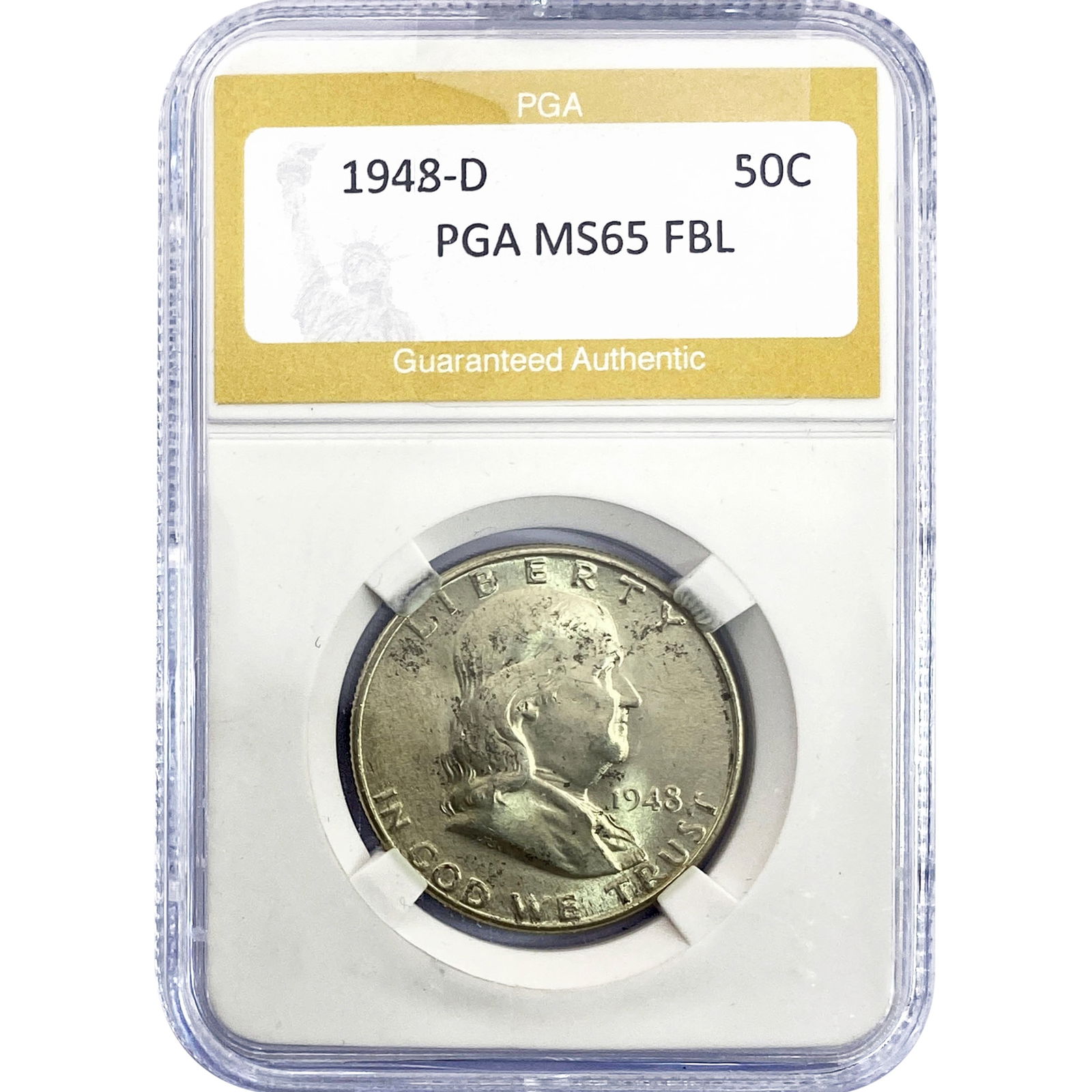 1948-D Franklin Half Dollar PGA MS65 FBL: 1948-D Franklin Half Dollar PGA MS65 FBL