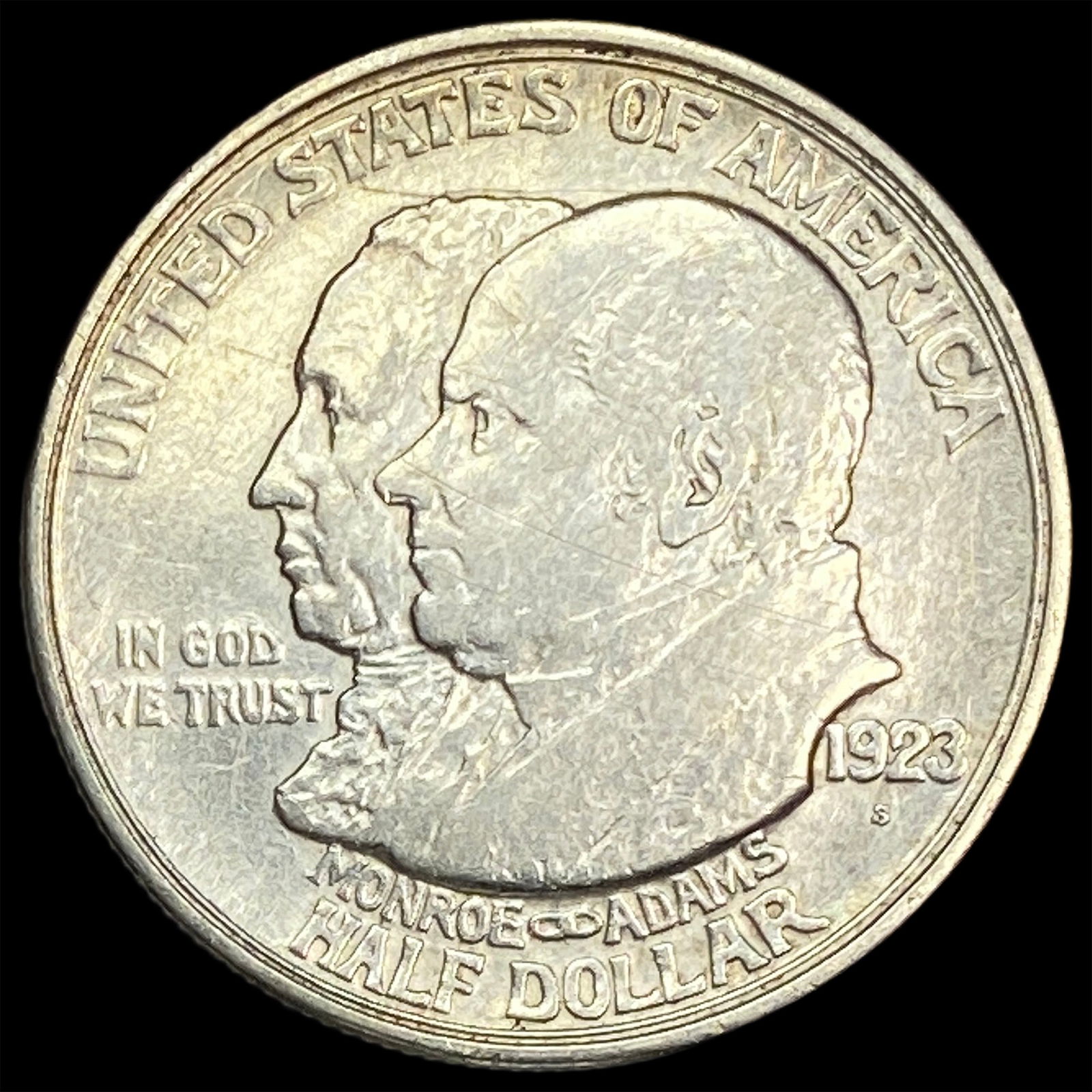 1923-S Silver Monroe Doctrine Centennial Half Dollar CLOSELY UNCIRCULATED: 1923-S Silver Monroe Doctrine Centennial Half Dollar CLOSELY UNCIRCULATED