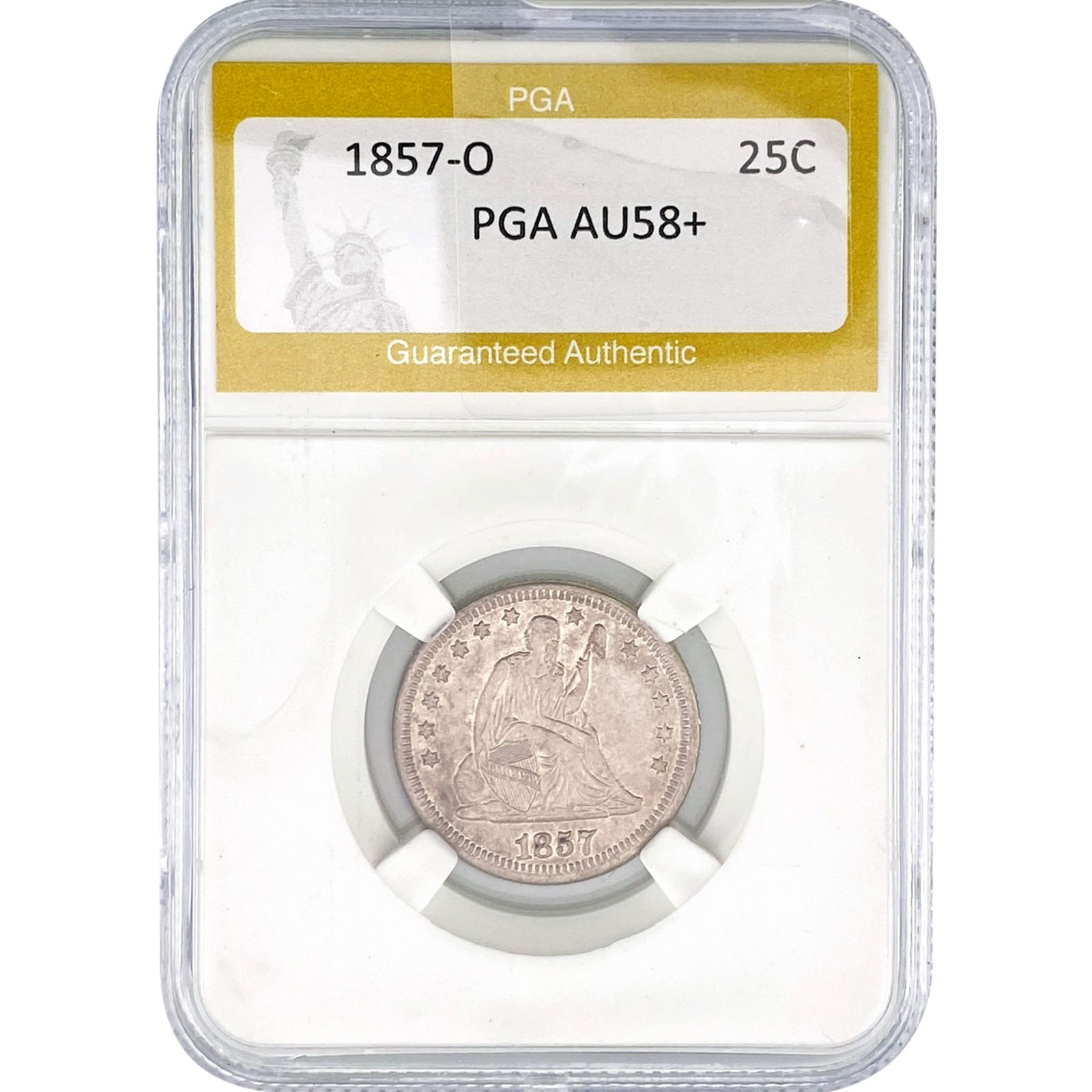 1857-O Seated Liberty Quarter PGA AU58+ (1 of 2)