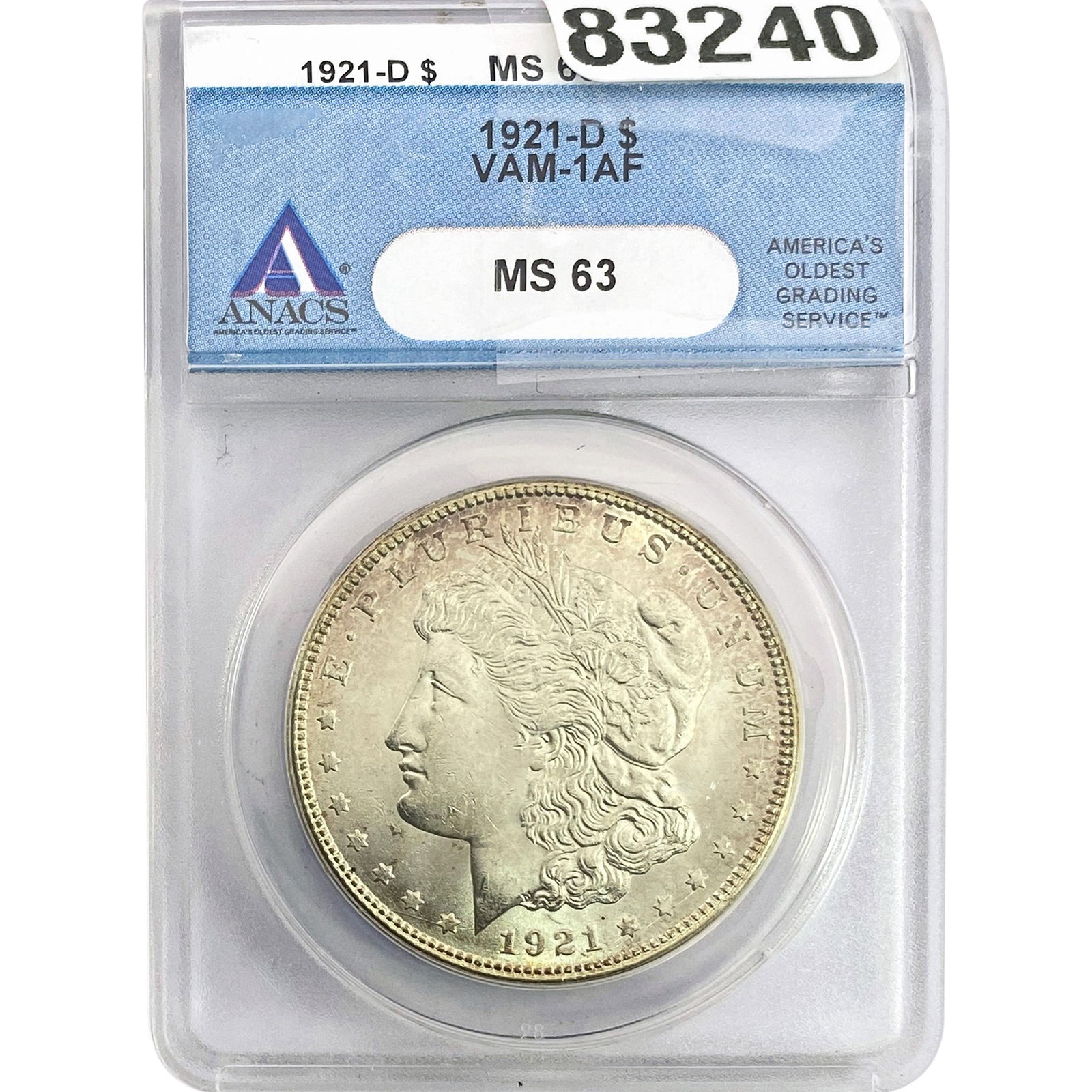 1921-D Morgan Silver Dollar ANACS MS63 VAM-41AF: 1921-D Morgan Silver Dollar ANACS MS63 VAM-41AF