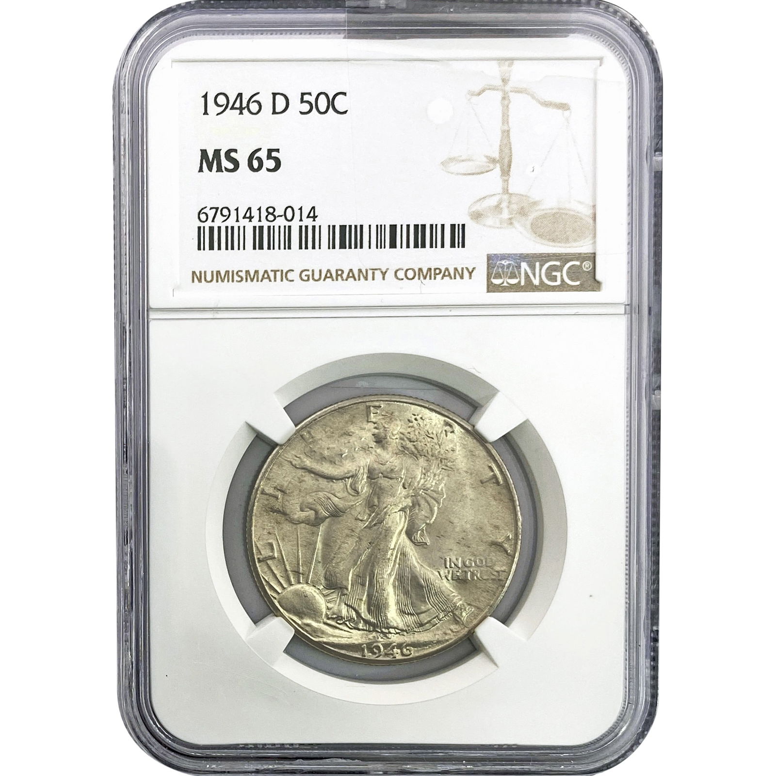 1946-D Walking Liberty Half Dollar NGC MS65: 1946-D Walking Liberty Half Dollar NGC MS65