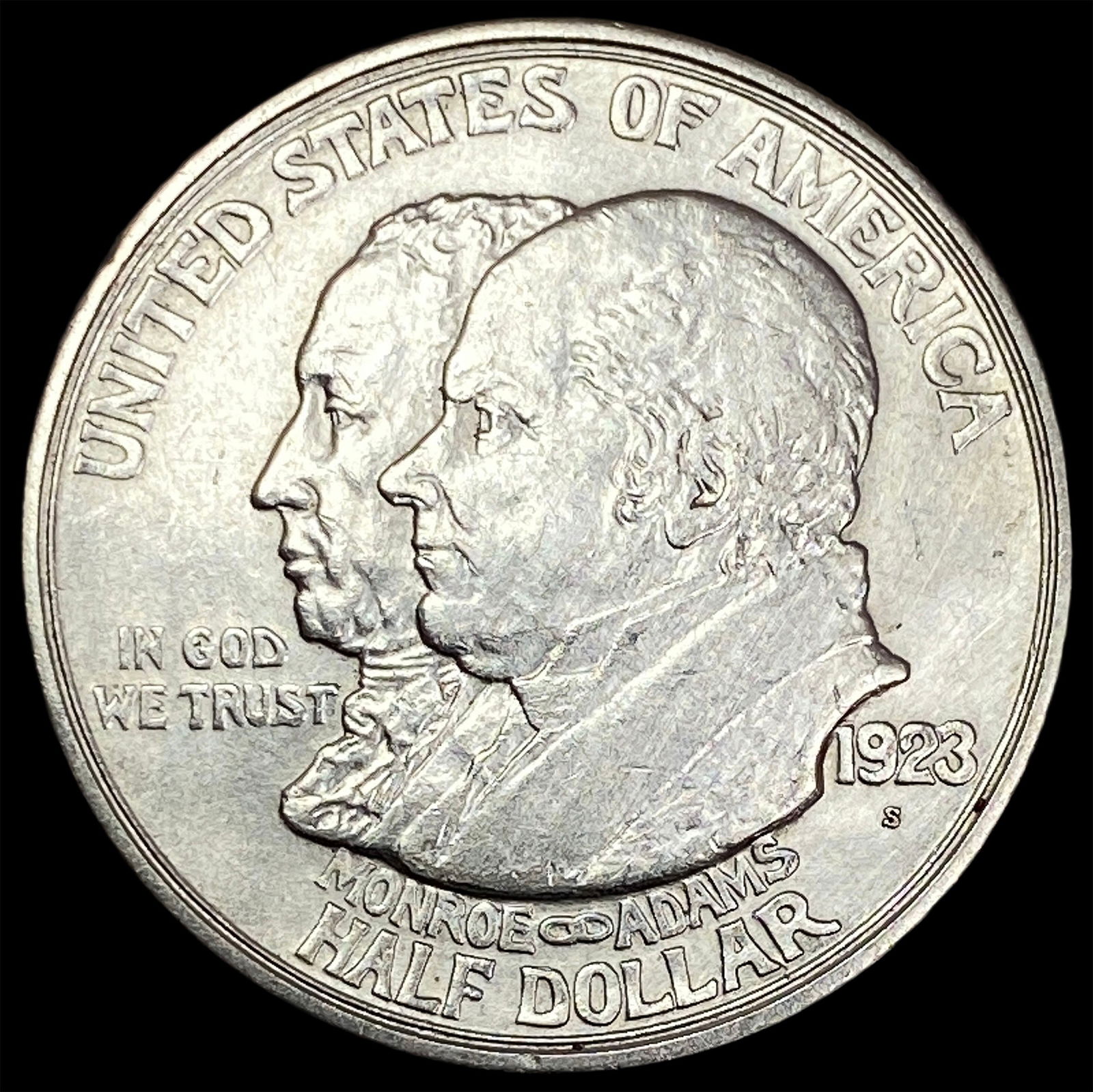 1923-S Silver Monroe Doctrine Centennial Half Dollar CLOSELY UNCIRCULATED: 1923-S Silver Monroe Doctrine Centennial Half Dollar CLOSELY UNCIRCULATED