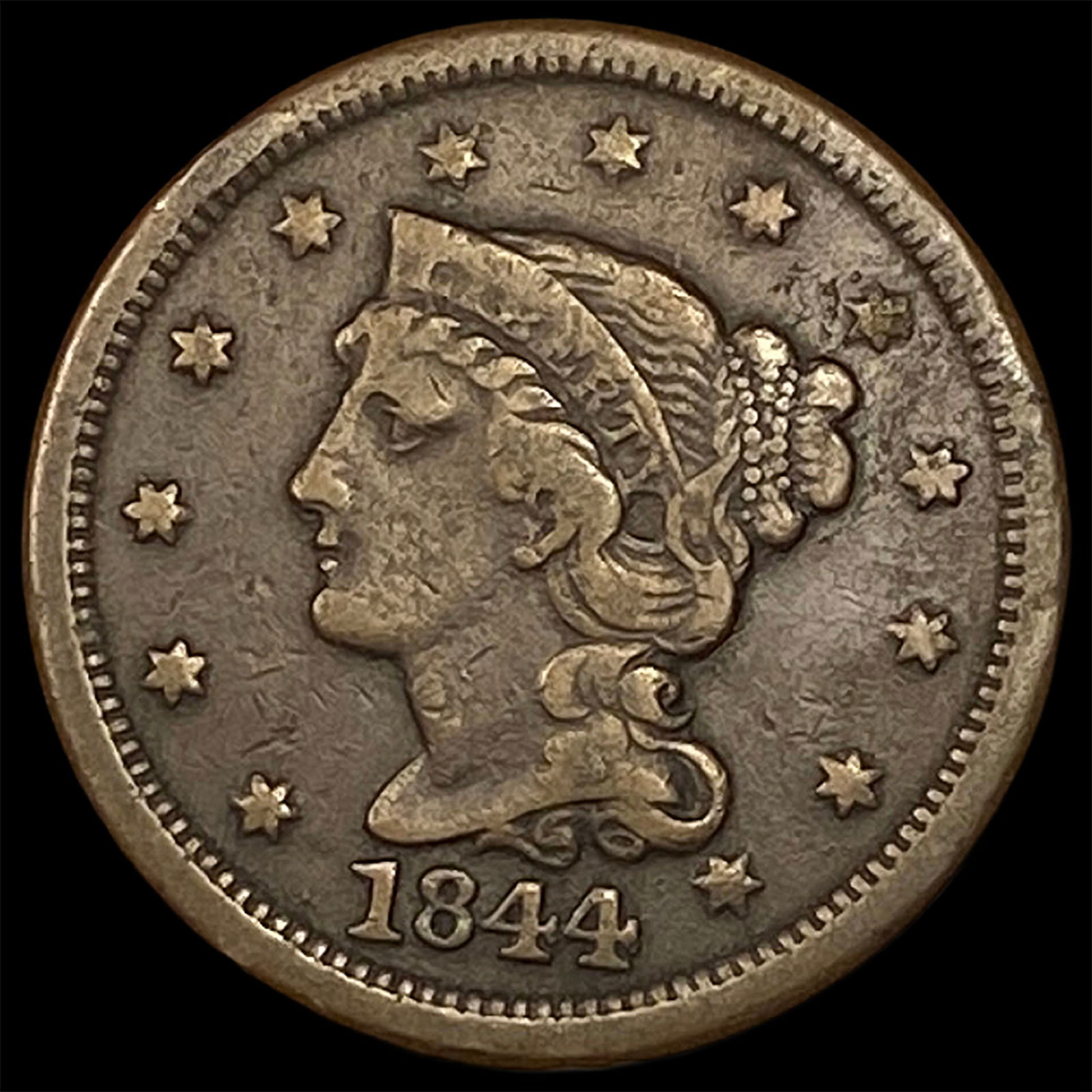 1844 Braided Hair Large Cent LIGHTLY CIRCULATED (1 of 2)