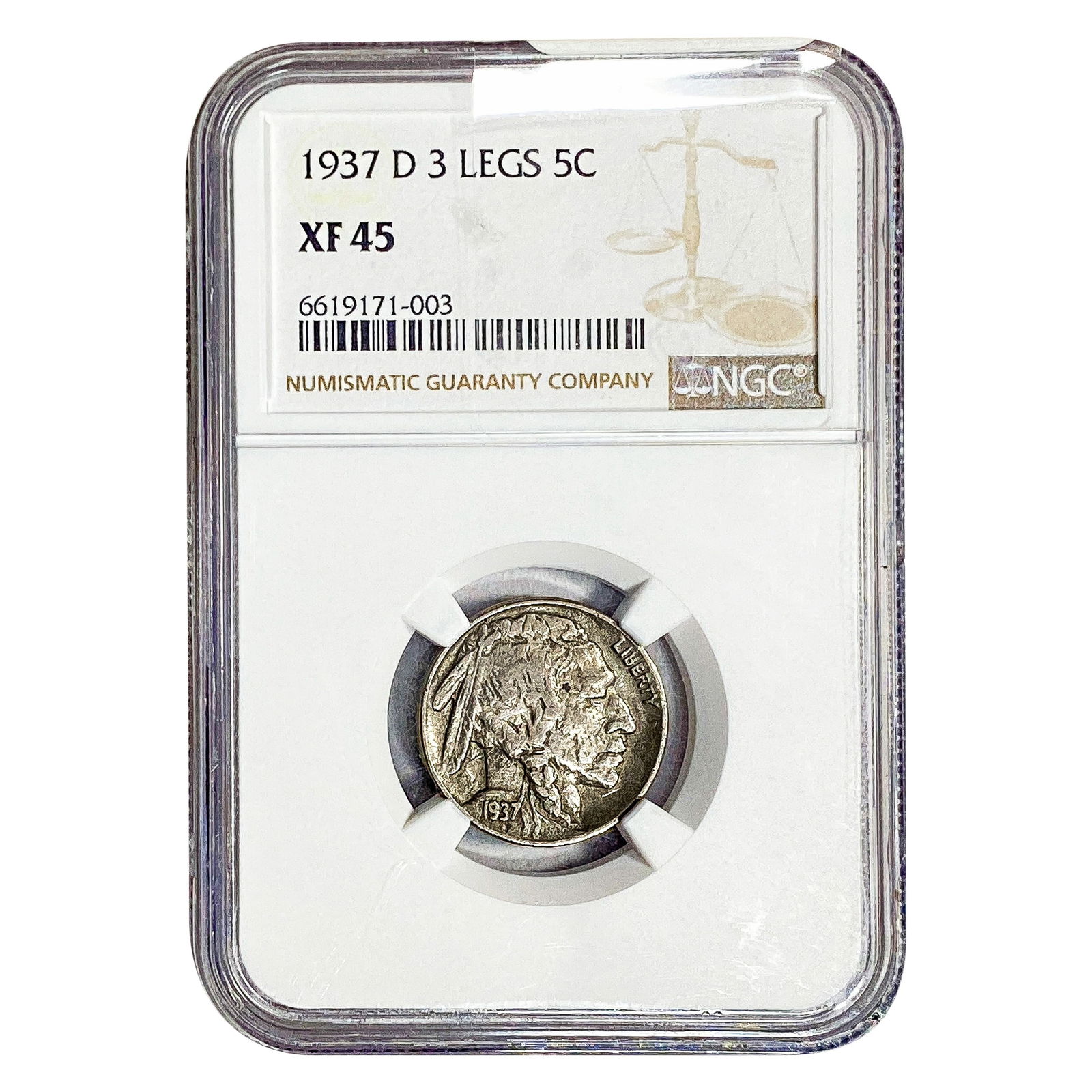 1937-D 3 Legs Buffalo Nickel NGC XF45: 1937-D 3 Legs Buffalo Nickel NGC XF45