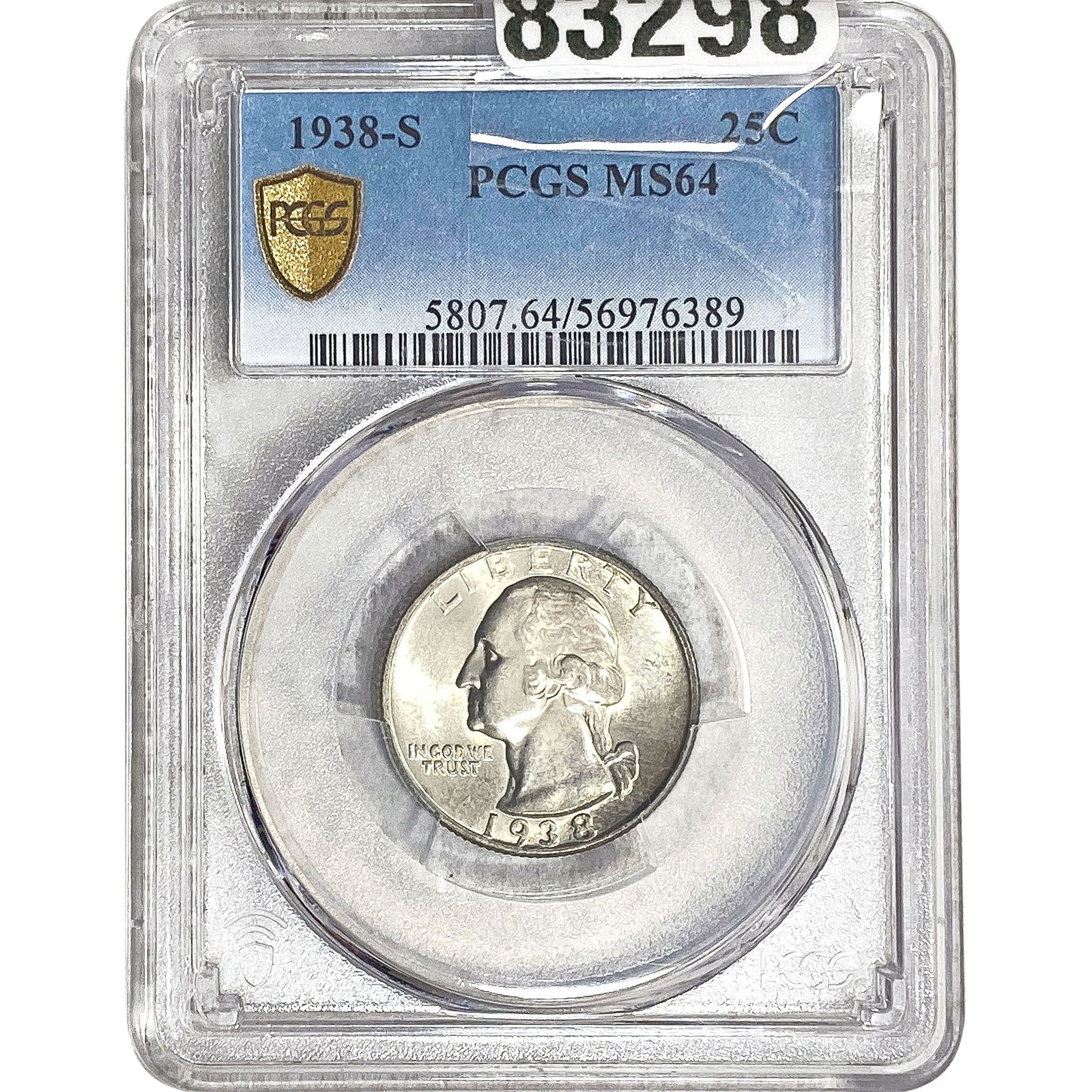1938-S Washington Silver Quarter PCGS MS64: 1938-S Washington Silver Quarter PCGS MS64