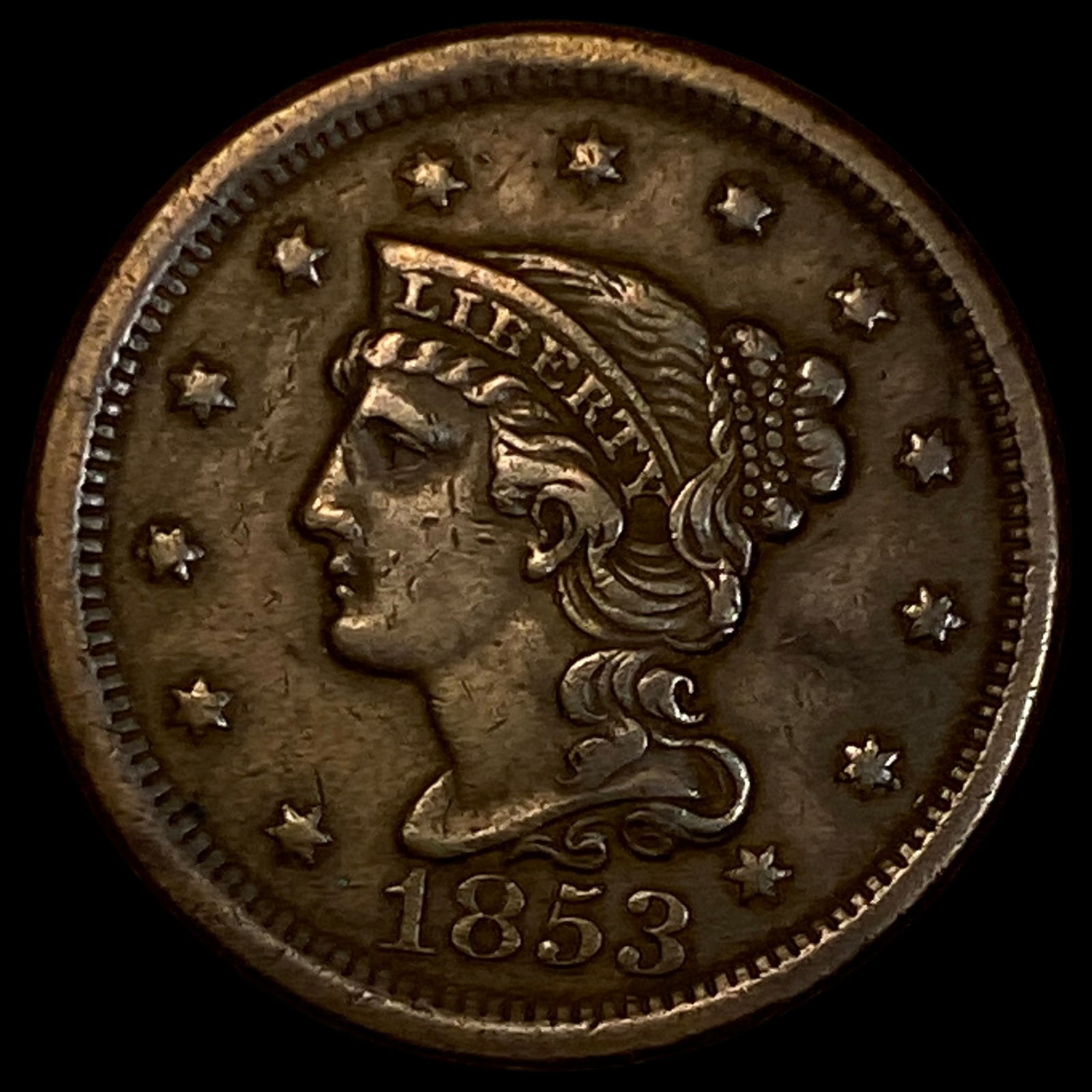 1853 Braided Hair Large Cent CLOSELY UNCIRCULATED (1 of 2)