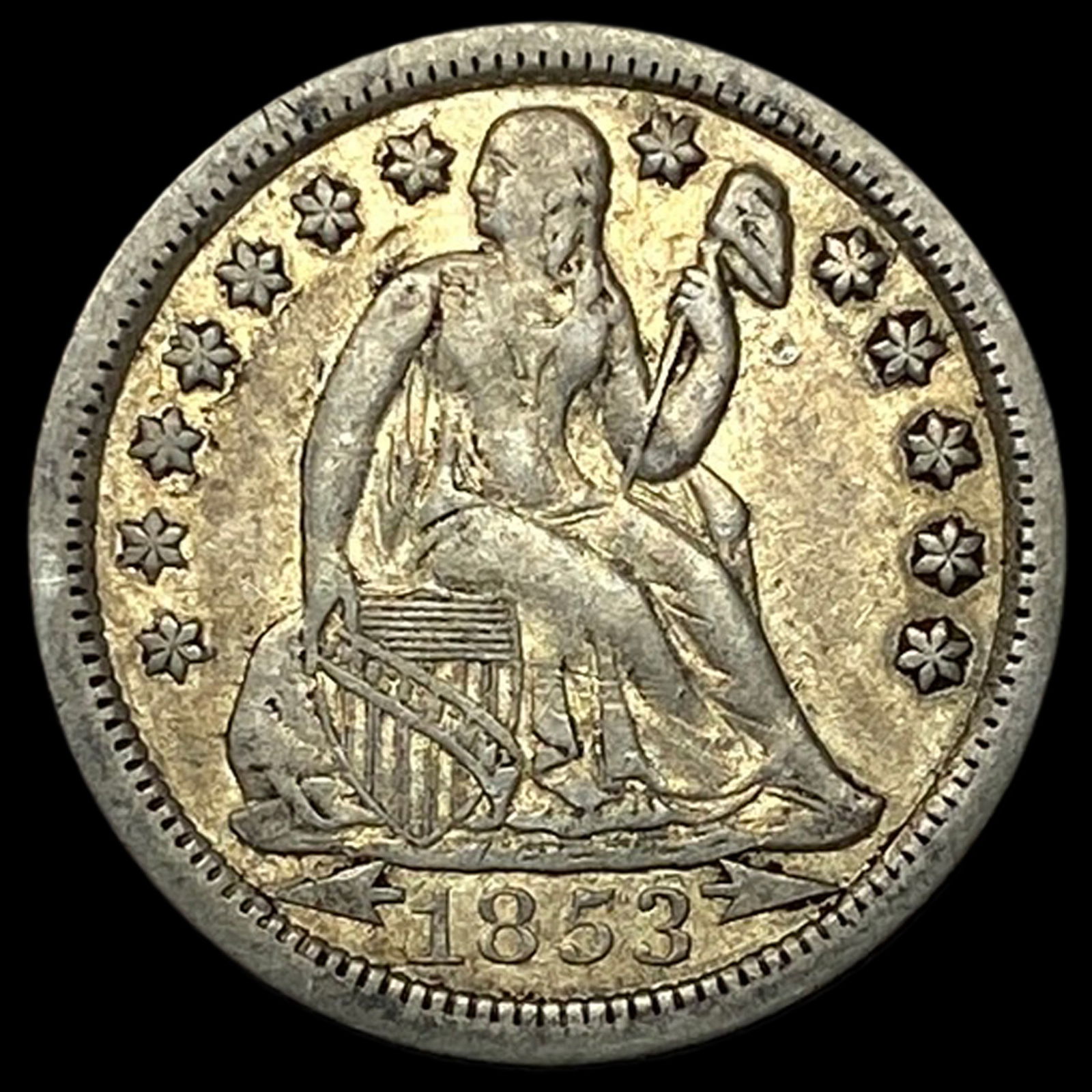 1853-O Silver Seated Liberty Dime NEARLY UNCIRCULATED (1 of 2)