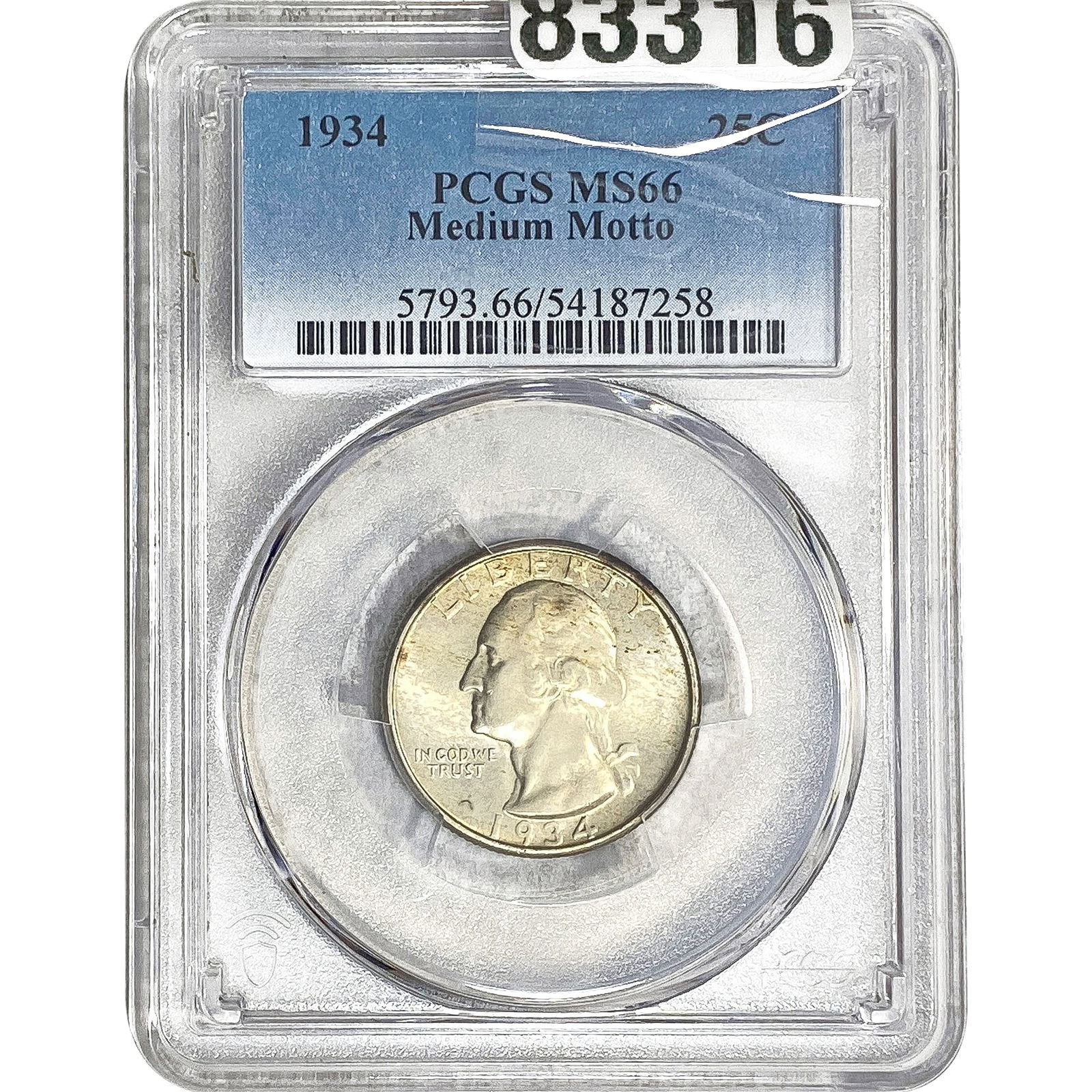 1934 Washington Silver Quarter PCGS MS66 Med. Motto: 1934 Washington Silver Quarter PCGS MS66 Med. Motto
