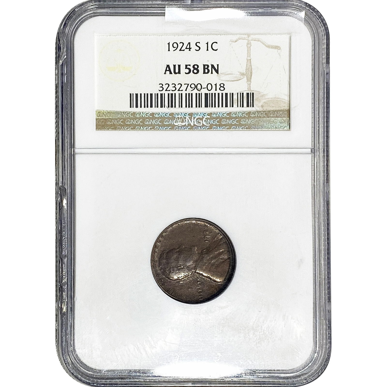 1924-S Wheat Cent NGC AU58 BN: 1924-S Wheat Cent NGC AU58 BN