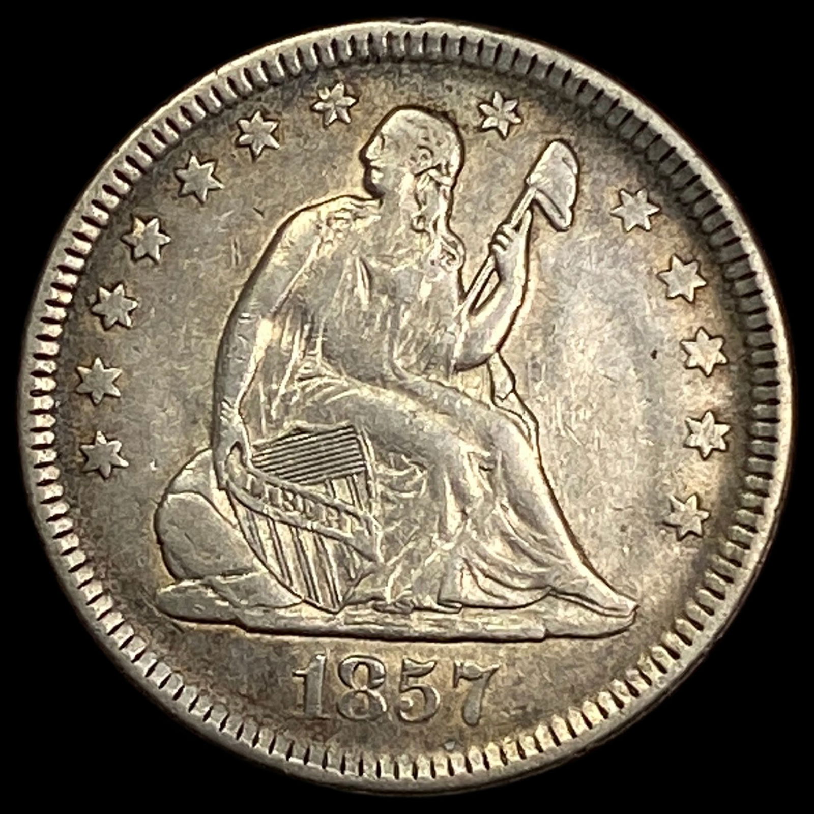 1857 Silver Seated Liberty Quarter CLOSELY UNCIRCULATED: 1857 Silver Seated Liberty Quarter CLOSELY UNCIRCULATED