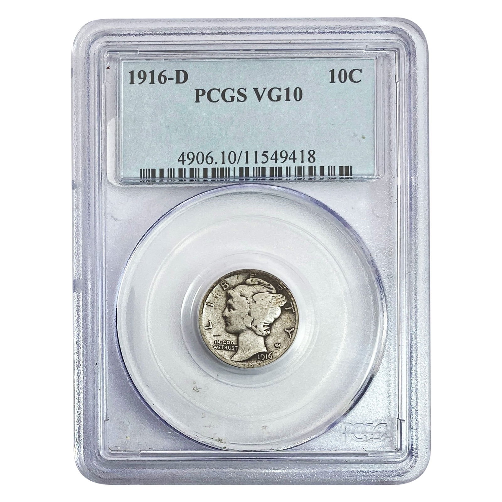 1916-D Mercury Silver Dime PCGS VG10: 1916-D Mercury Silver Dime PCGS VG10